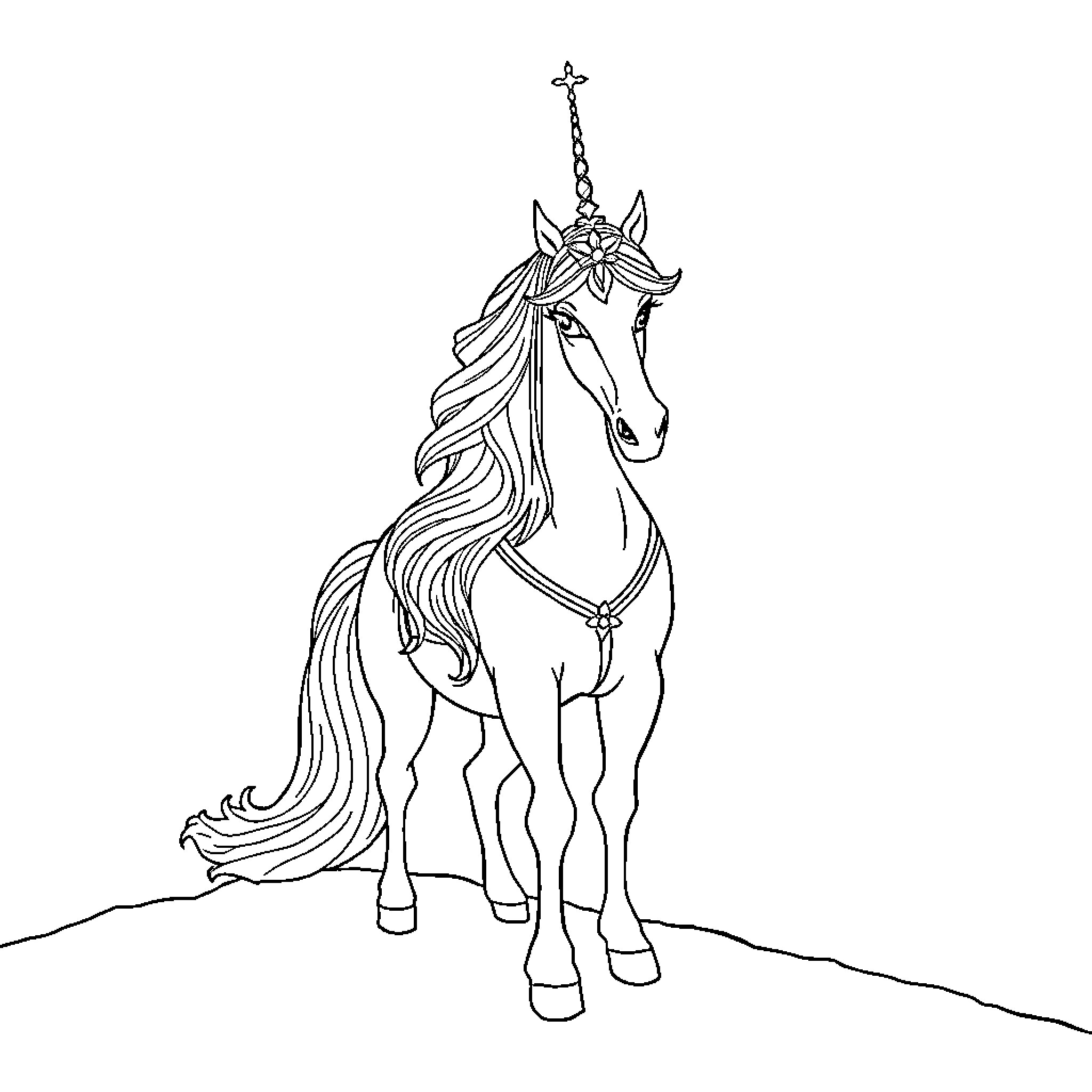 Queen's Majestic Unicorn in Enchanting Pose Coloring Page (free black-and-white line drawing printable PDF for all, from beginners to advanced learners, including children, teens, adults, and seniors)