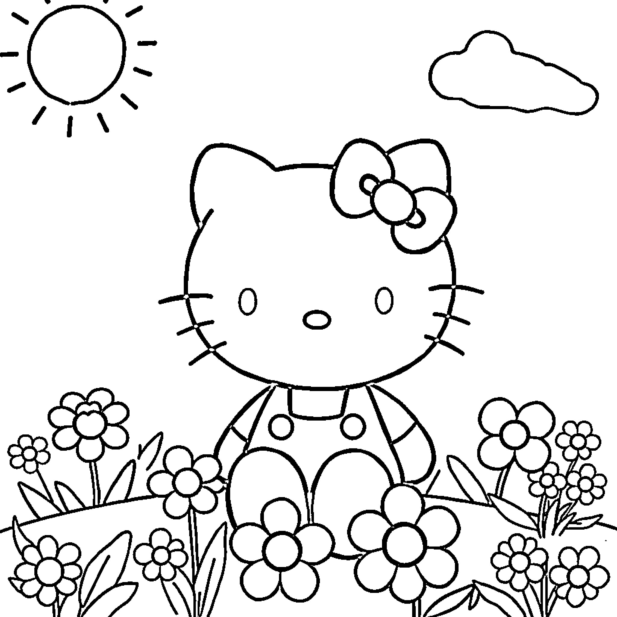 Hello Kitty playing in a flower garden Coloring Page (free black-and-white line drawing printable PDF for all, from beginners to advanced learners, including children, teens, adults, and seniors)