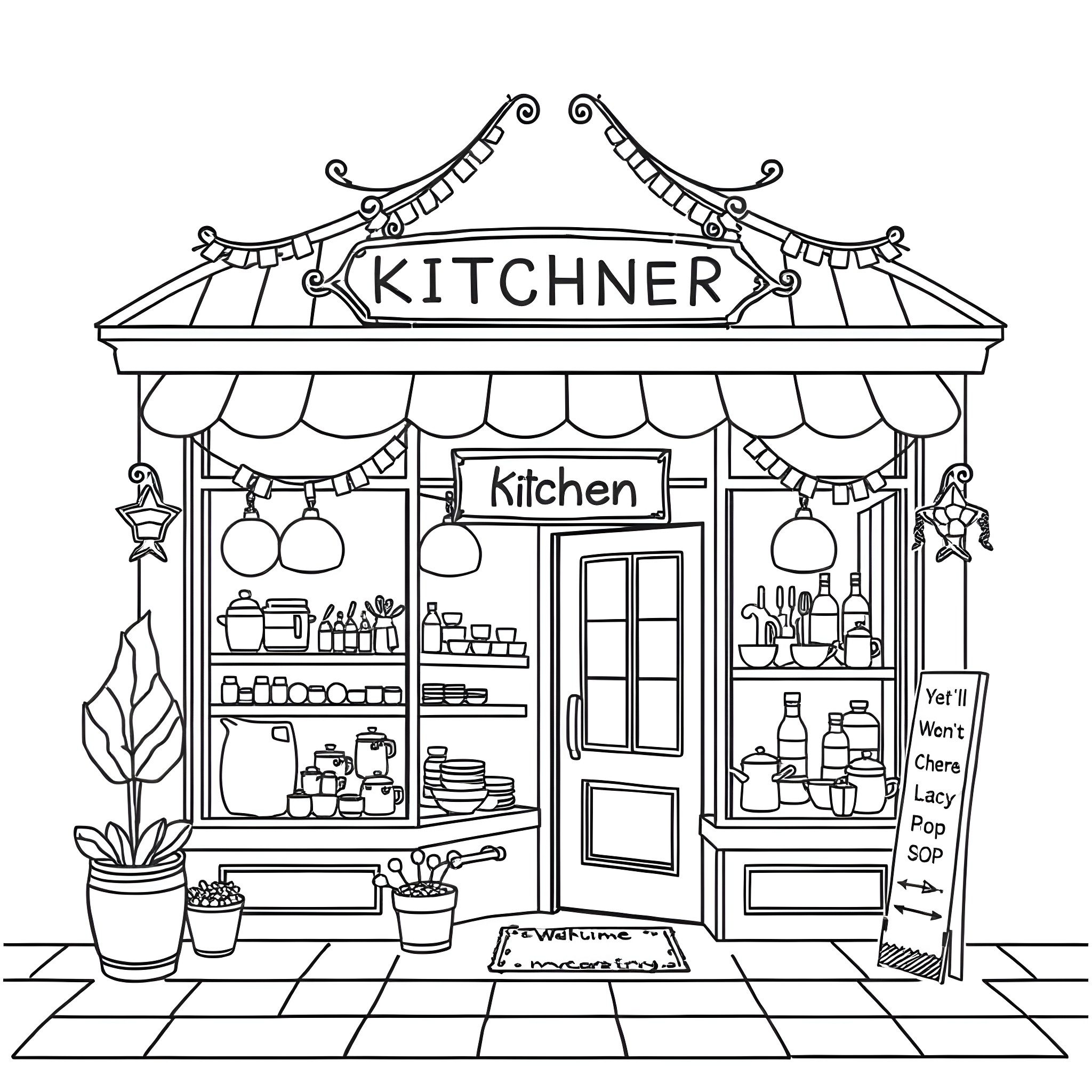 Kitchen store front with merchandise and decor Coloring Page (free black-and-white line drawing printable PDF for all, from beginners to advanced learners, including children, teens, adults, and seniors)