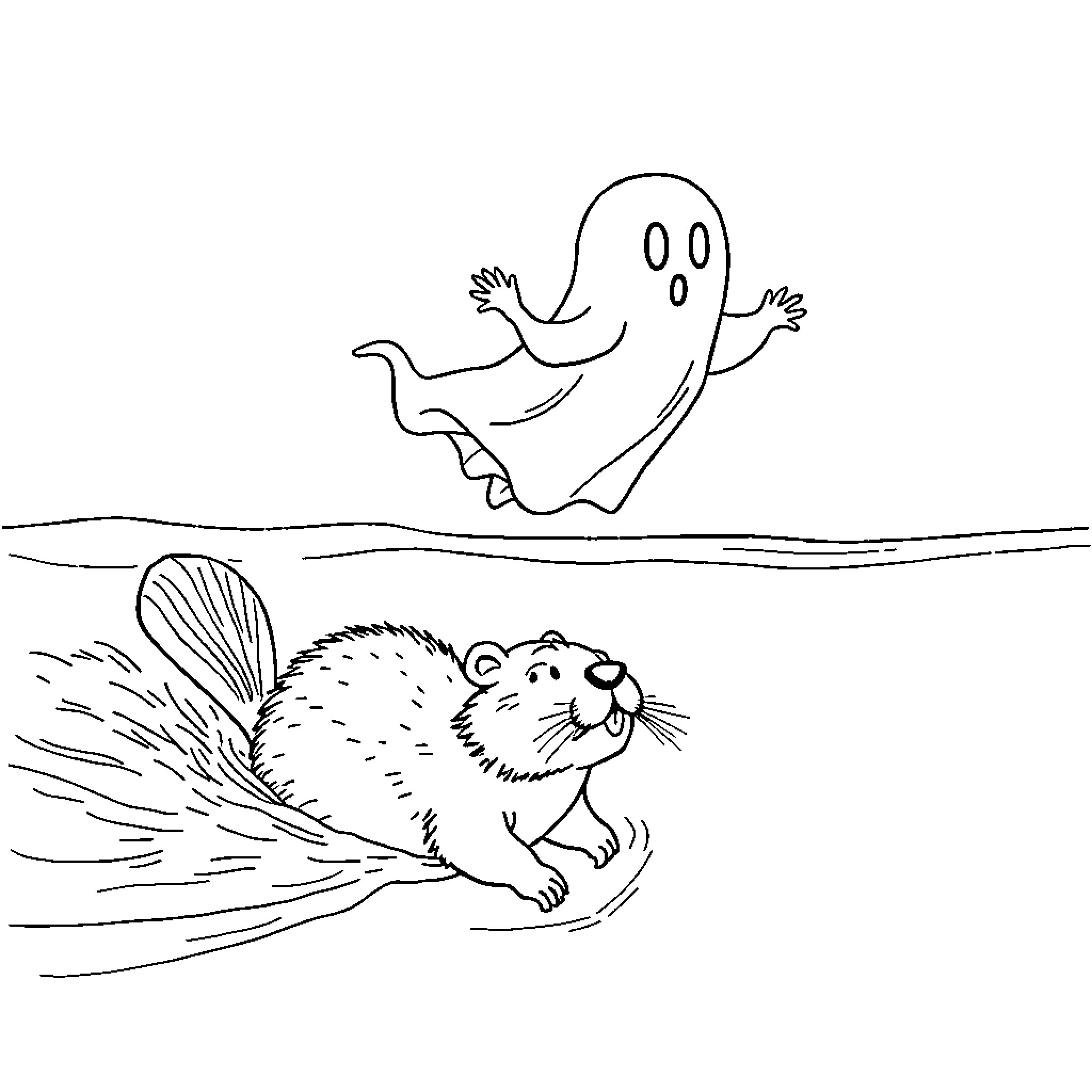 Ghost chasing a happy animal in the wilderness Coloring Page (free black-and-white line drawing printable PDF for all, from beginners to advanced learners, including children, teens, adults, and seniors)