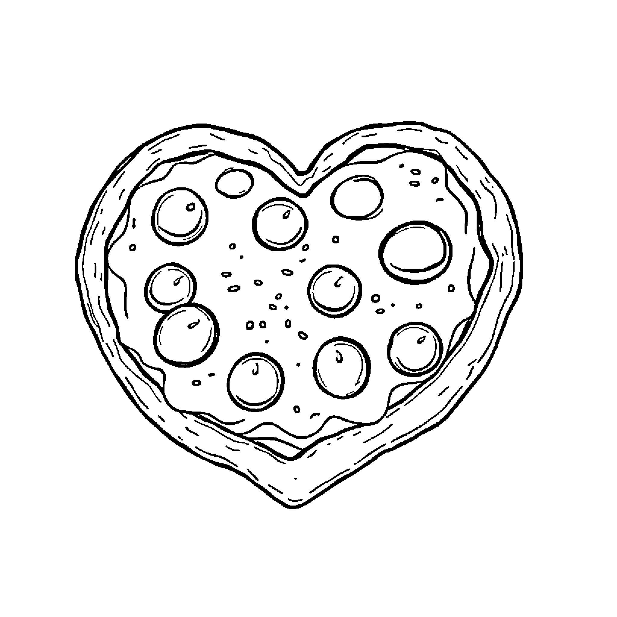Pizza-shaped heart with bubbles Coloring Page (free black-and-white line drawing printable PDF for all, from beginners to advanced learners, including children, teens, adults, and seniors)