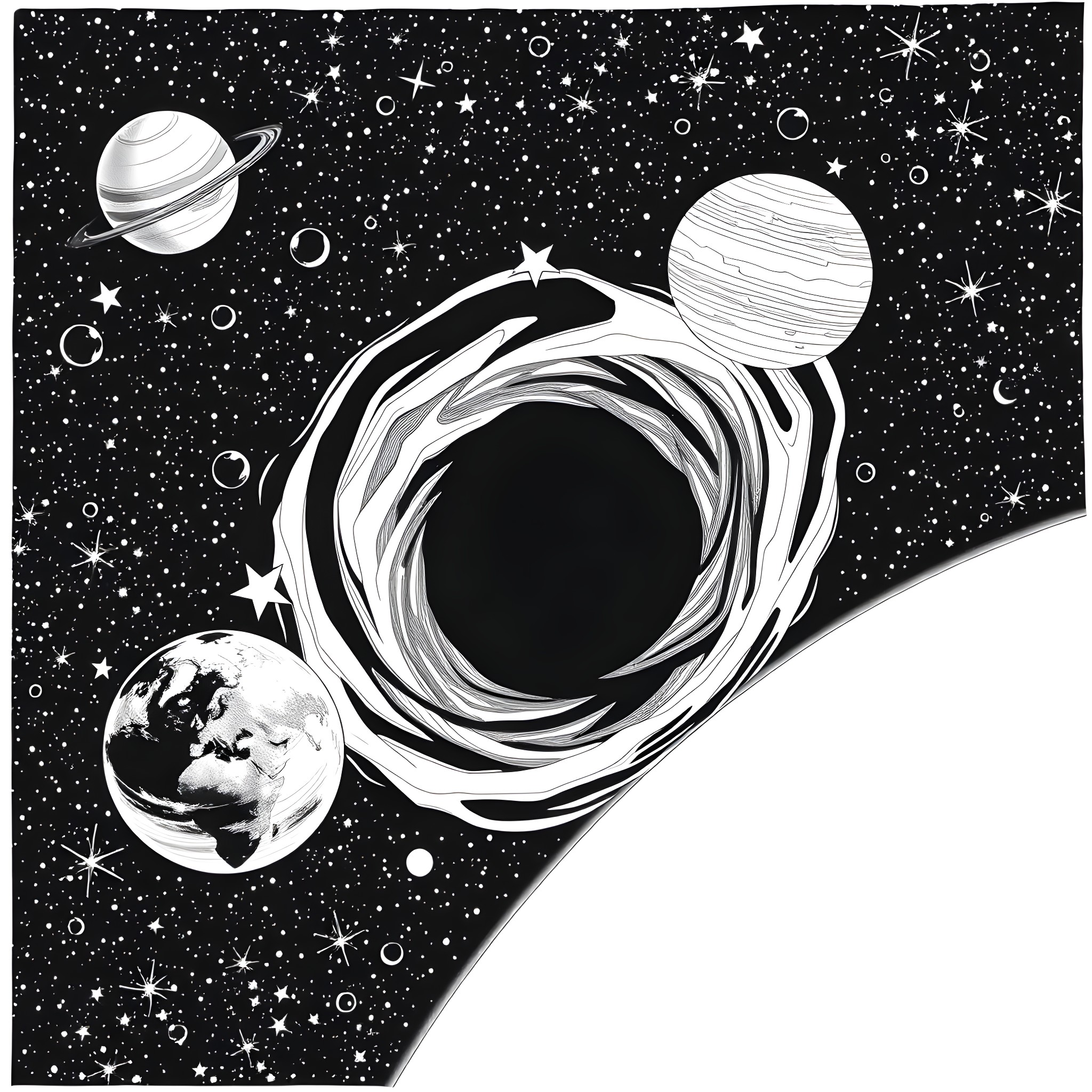 Galaxy of Cosmic Swirls and Celestial Objects Coloring Page (free black-and-white line drawing printable PDF for all, from beginners to advanced learners, including children, teens, adults, and seniors)