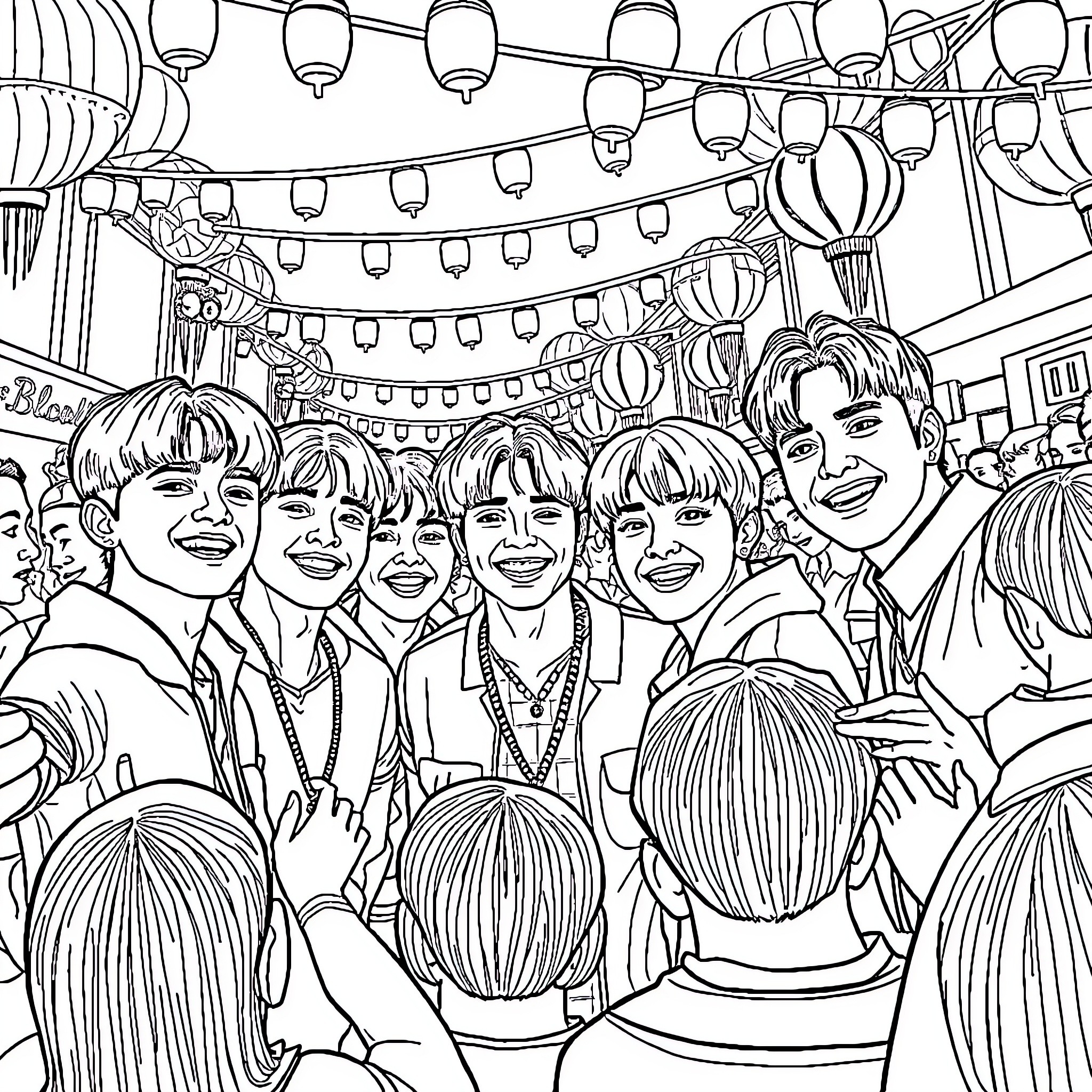 BTS Group Celebrating at a Festive Event Coloring Page (free black-and-white line drawing printable PDF for all, from beginners to advanced learners, including children, teens, adults, and seniors)