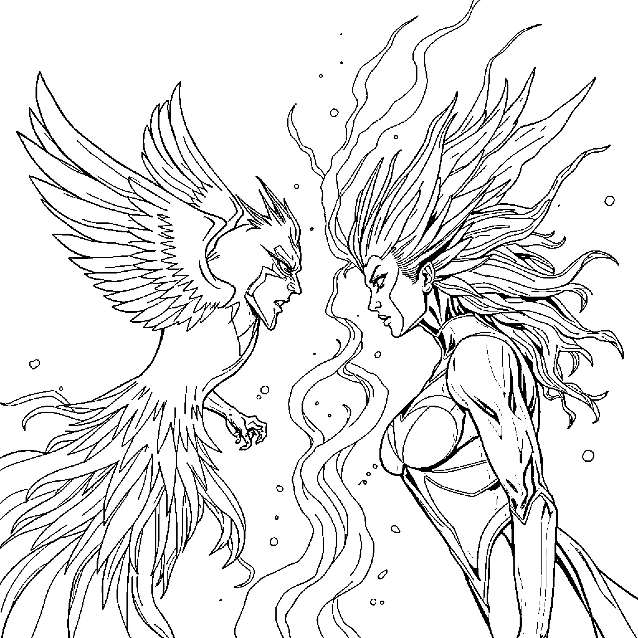 Phoenix warriors in fierce battle Coloring Page (free black-and-white line drawing printable PDF for all, from beginners to advanced learners, including children, teens, adults, and seniors)