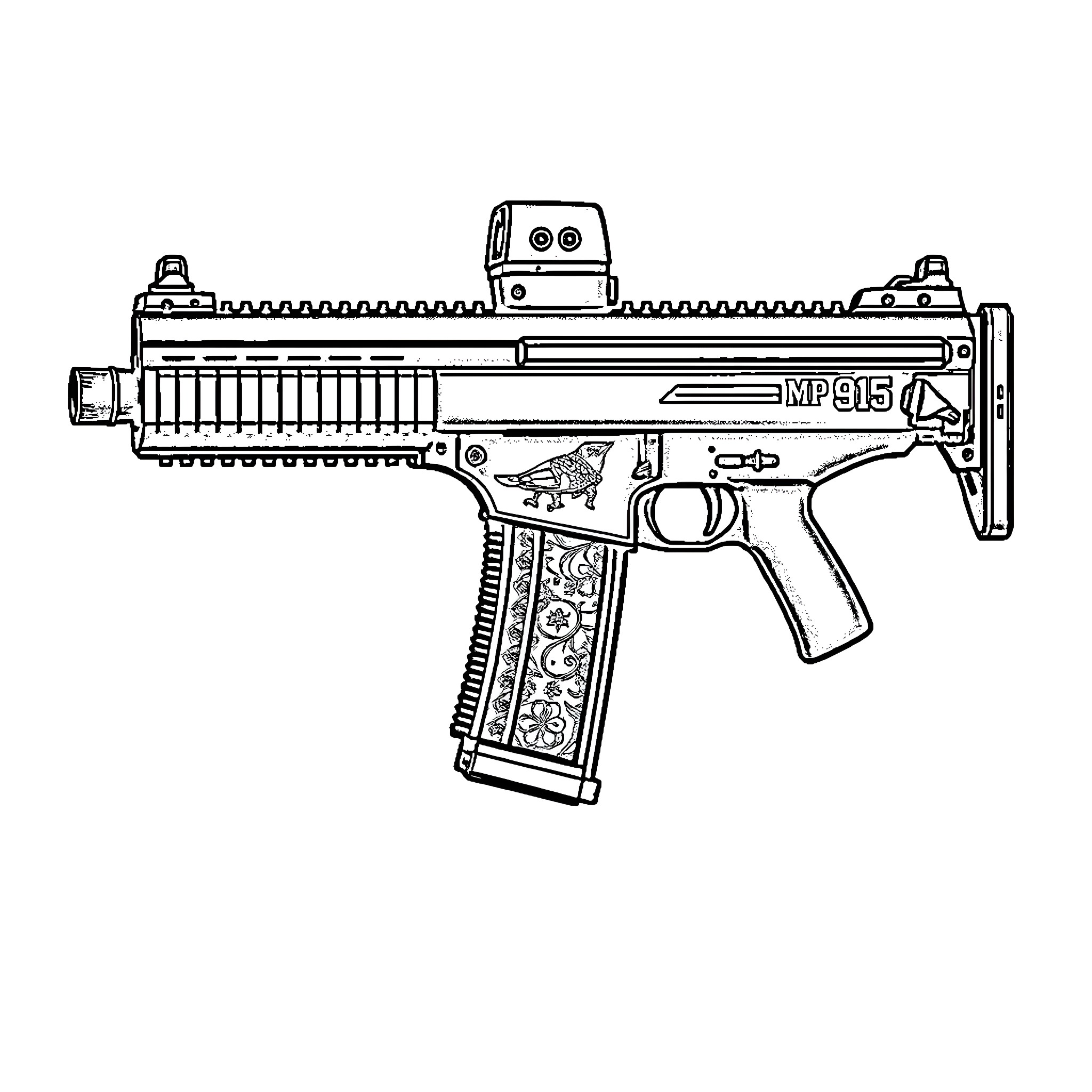 Mp5 Submachine Gun Sketch Illustration Coloring Page (free black-and-white line drawing printable PDF for all, from beginners to advanced learners, including children, teens, adults, and seniors)