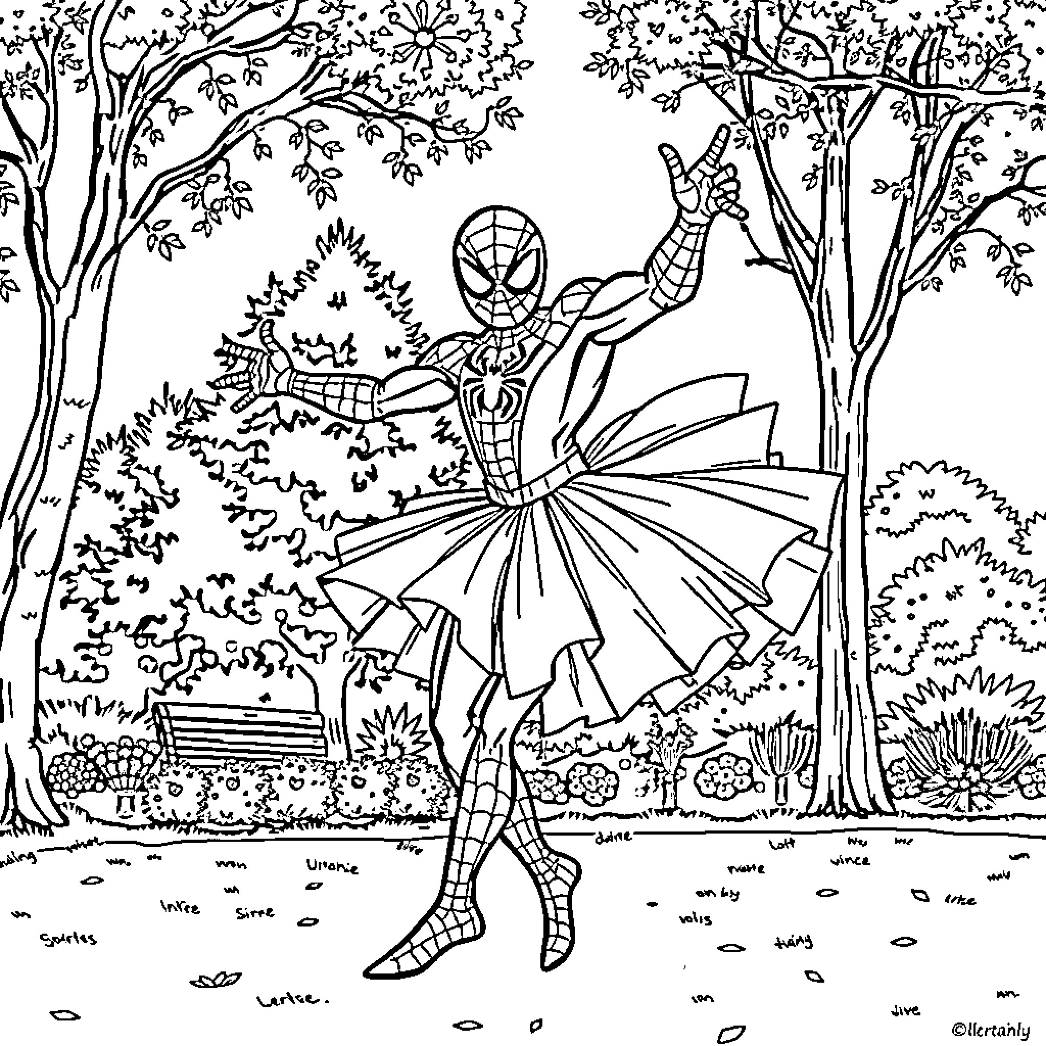 Spiderman Dances Gracefully in Enchanted Forest Coloring Page (free black-and-white line drawing printable PDF for all, from beginners to advanced learners, including children, teens, adults, and seniors)