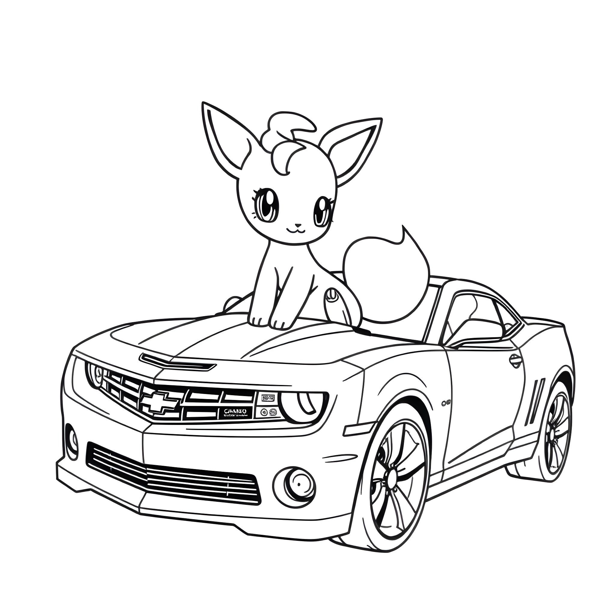 Mew riding a cool sports car Coloring Page (free black-and-white line drawing printable PDF for all, from beginners to advanced learners, including children, teens, adults, and seniors)