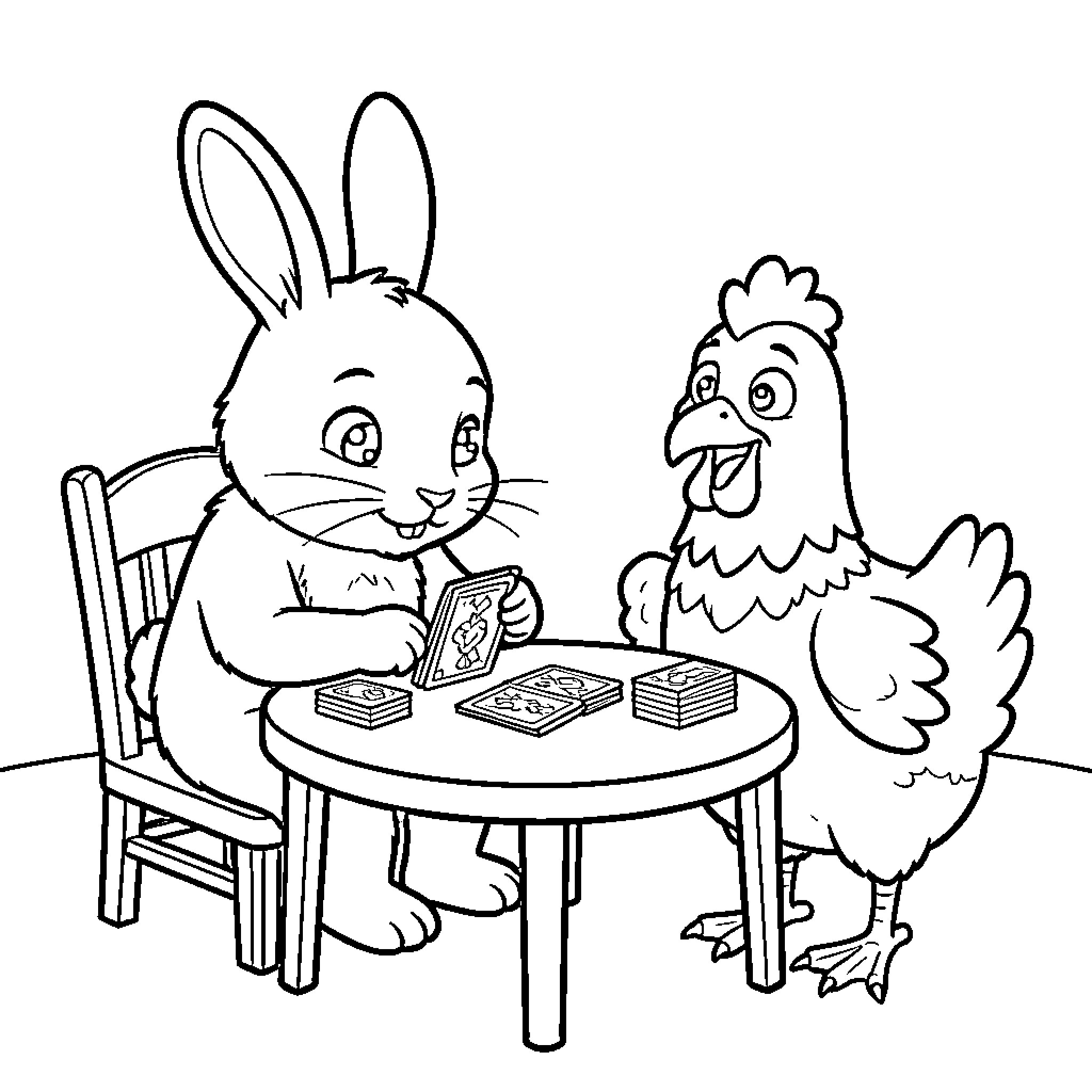 Rabbit playing a card game with a chicken Coloring Page (free black-and-white line drawing printable PDF for all, from beginners to advanced learners, including children, teens, adults, and seniors)