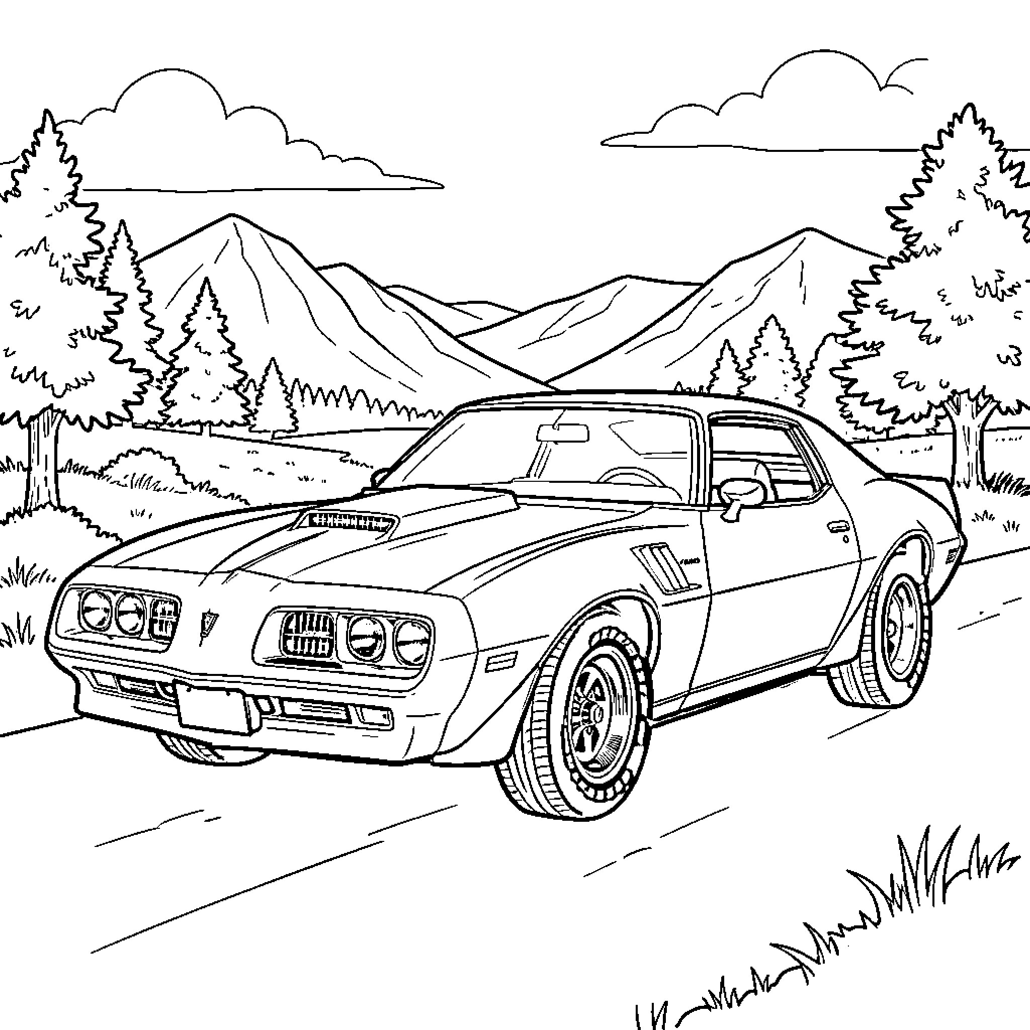 Pontiac driving along a scenic mountain road Coloring Page (free black-and-white line drawing printable PDF for all, from beginners to advanced learners, including children, teens, adults, and seniors)