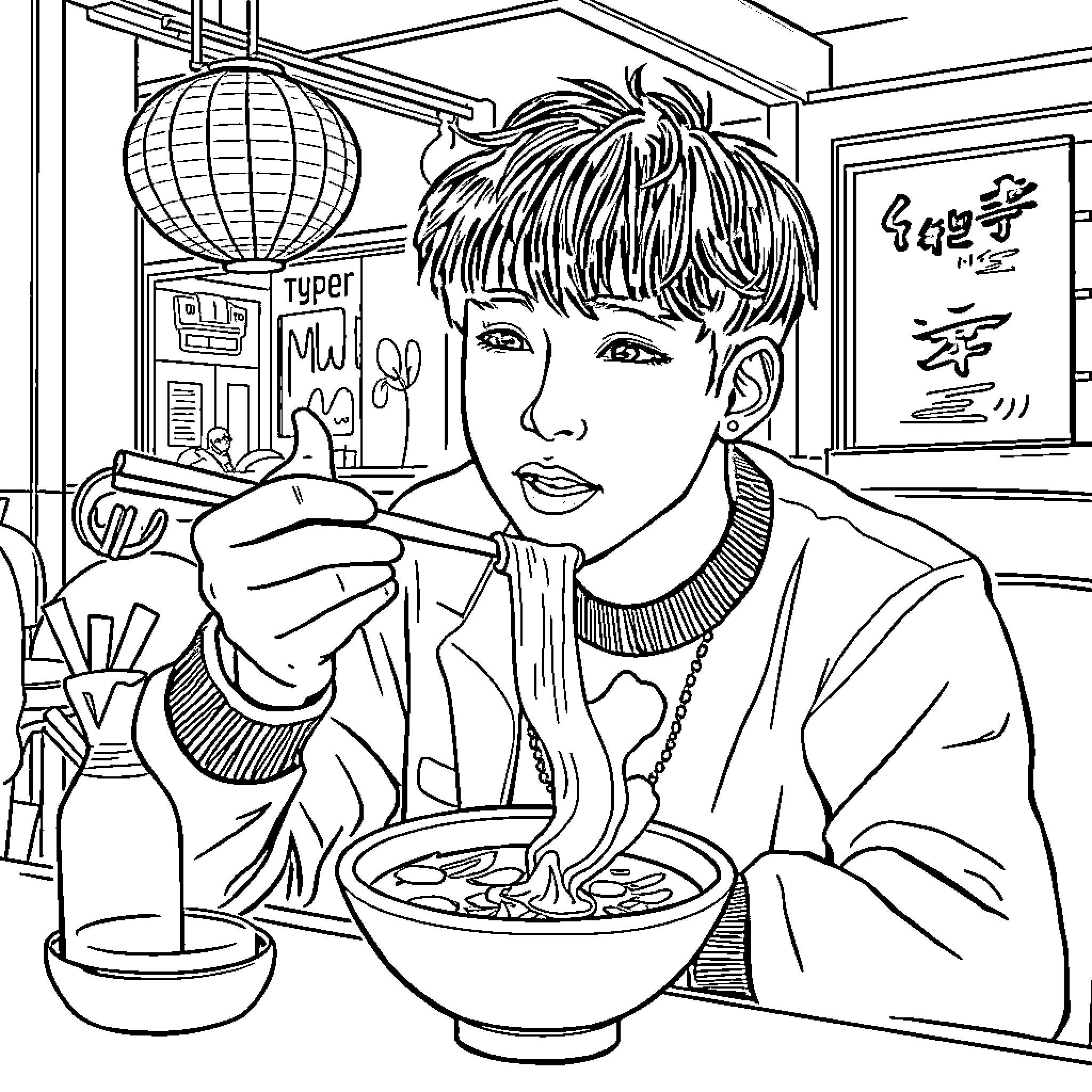 Kpop Star Enjoying a Meal in Cozy Restaurant Coloring Page (free black-and-white line drawing printable PDF for all, from beginners to advanced learners, including children, teens, adults, and seniors)