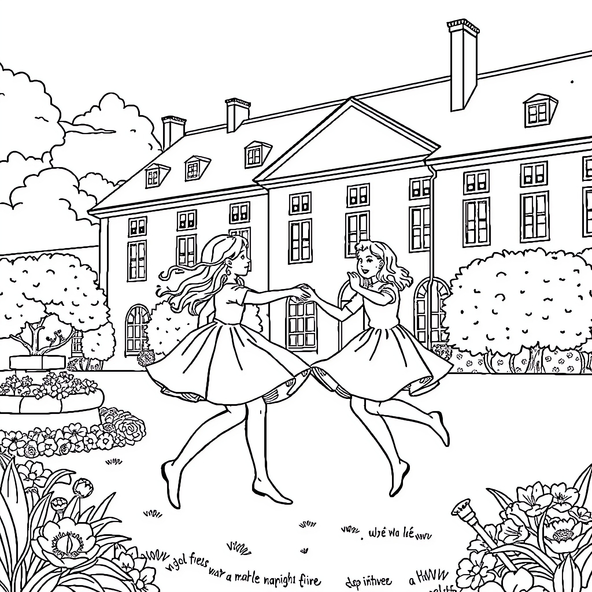 Girls dancing in a garden near a castle Coloring Page (free black-and-white line drawing printable PDF for all, from beginners to advanced learners, including children, teens, adults, and seniors)
