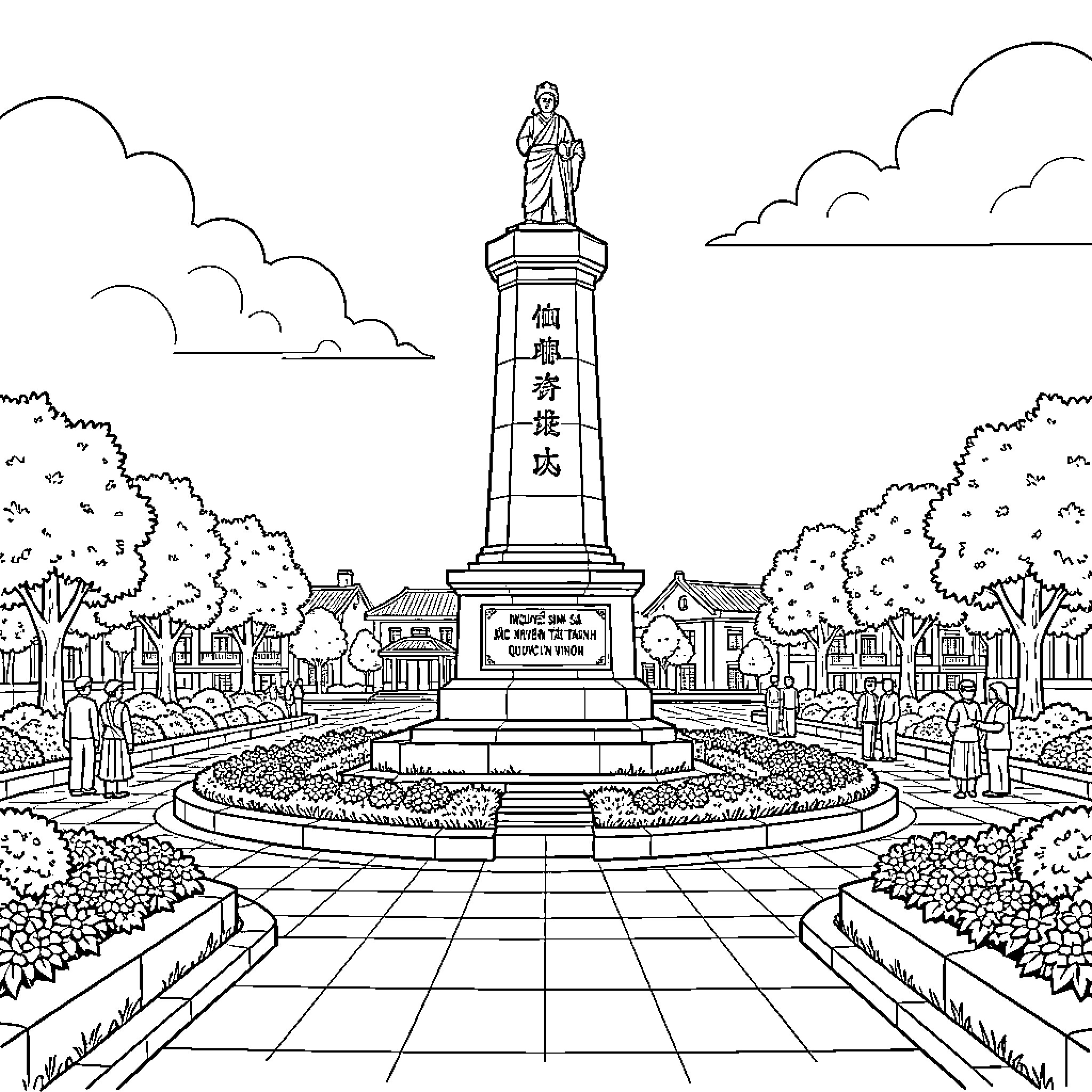 Nguyễn Sinh Sắc statue standing tall in a central square Coloring Page (free black-and-white line drawing printable PDF for all, from beginners to advanced learners, including children, teens, adults, and seniors)