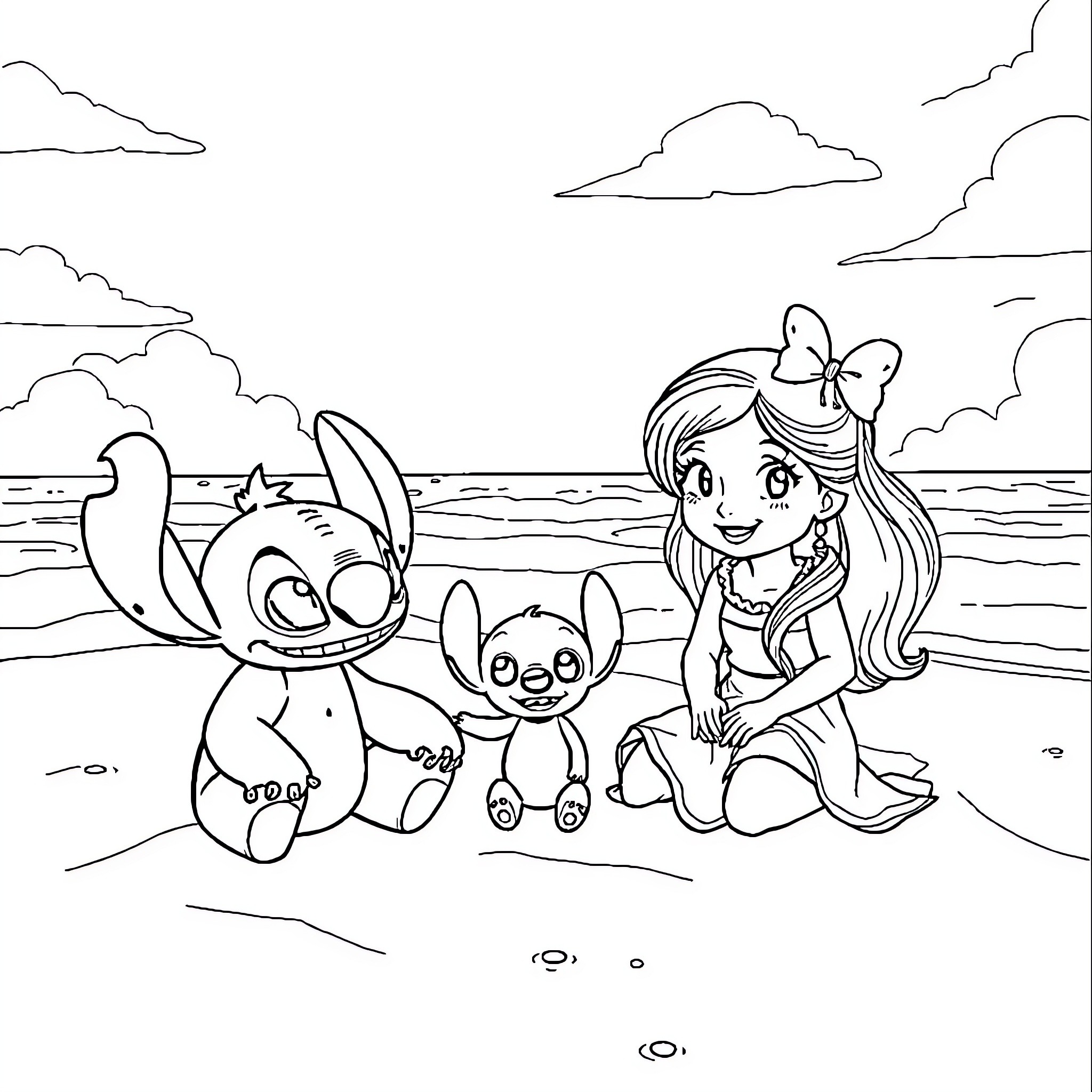 Mohana and Her Stitch Friends at the Beach Coloring Page (free black-and-white line drawing printable PDF for all, from beginners to advanced learners, including children, teens, adults, and seniors)