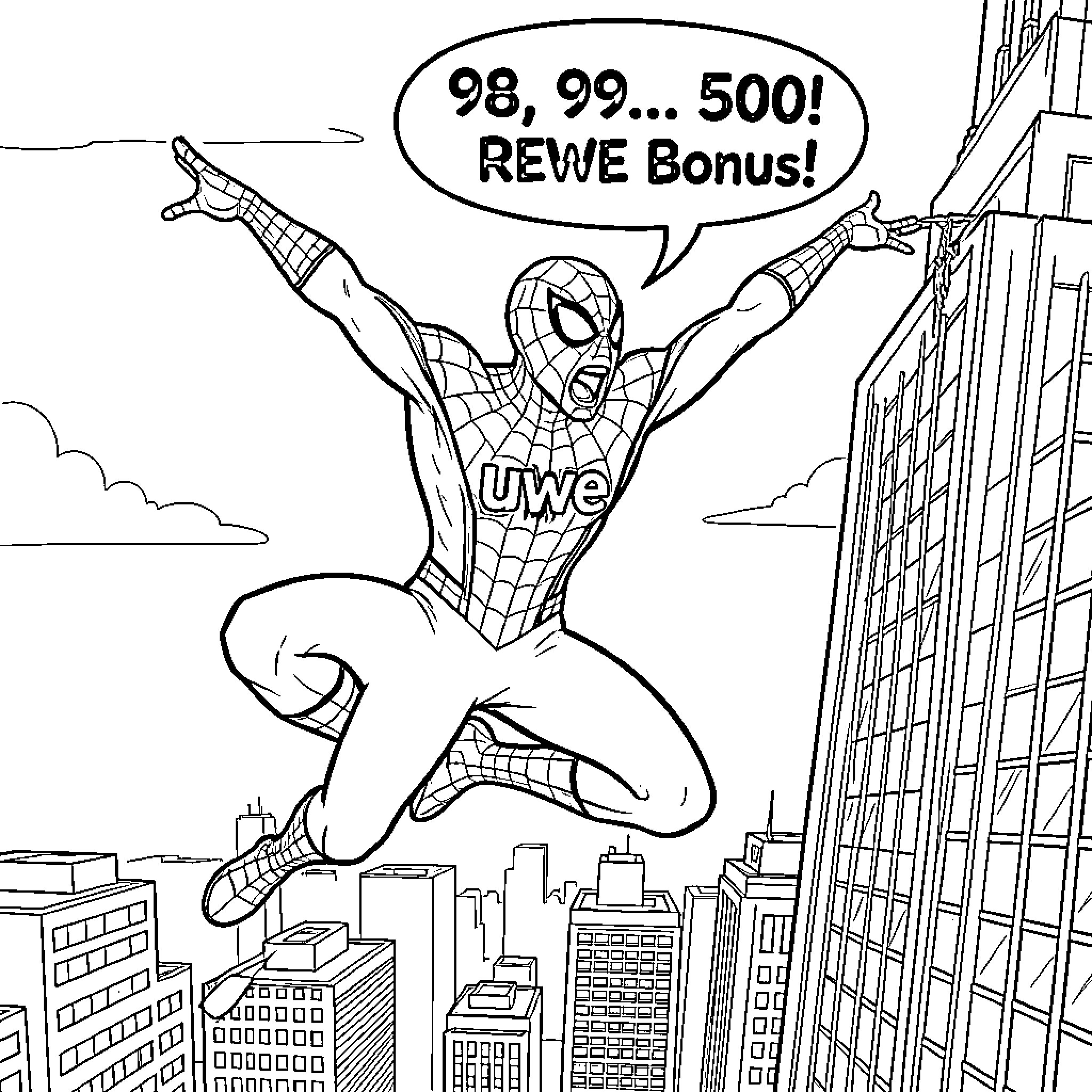 Spiderman excited about REWE bonus reward Coloring Page (free black-and-white line drawing printable PDF for all, from beginners to advanced learners, including children, teens, adults, and seniors)