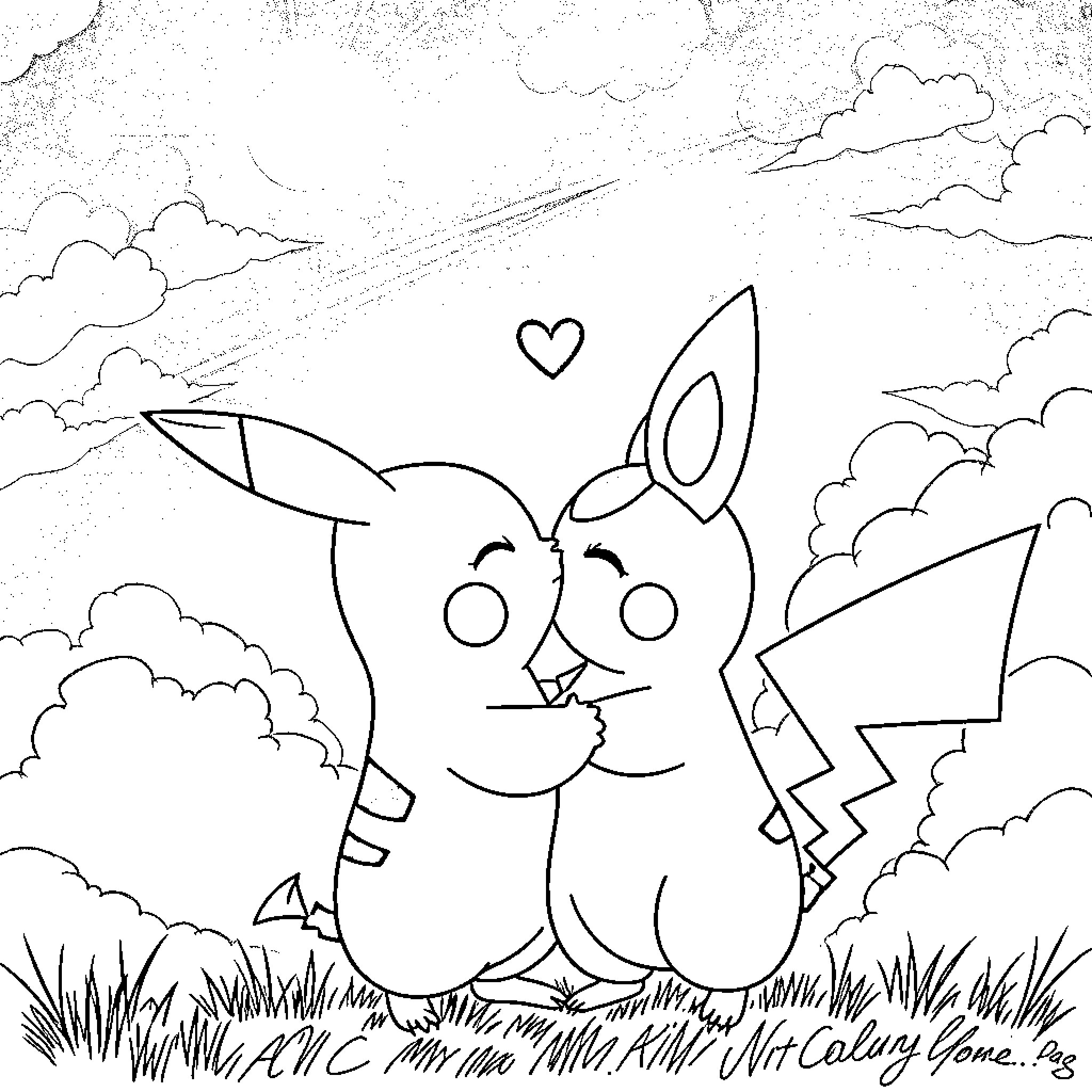 Pikachu playing joyfully in the clouds Coloring Page (free black-and-white line drawing printable PDF for all, from beginners to advanced learners, including children, teens, adults, and seniors)