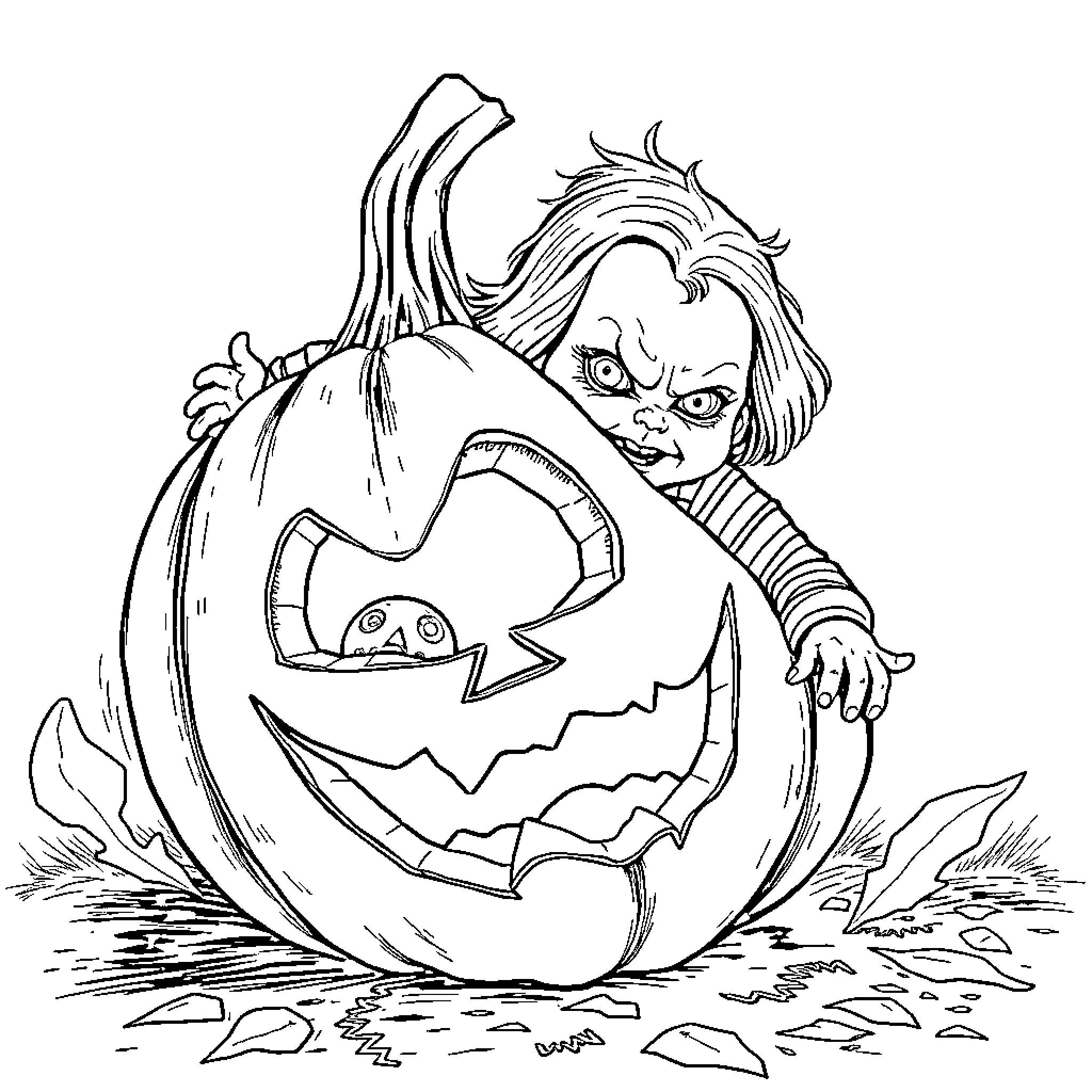 Pumpkin Horror Creature Emerging from Jack-o'-Lantern Coloring Page (free black-and-white line drawing printable PDF for all, from beginners to advanced learners, including children, teens, adults, and seniors)