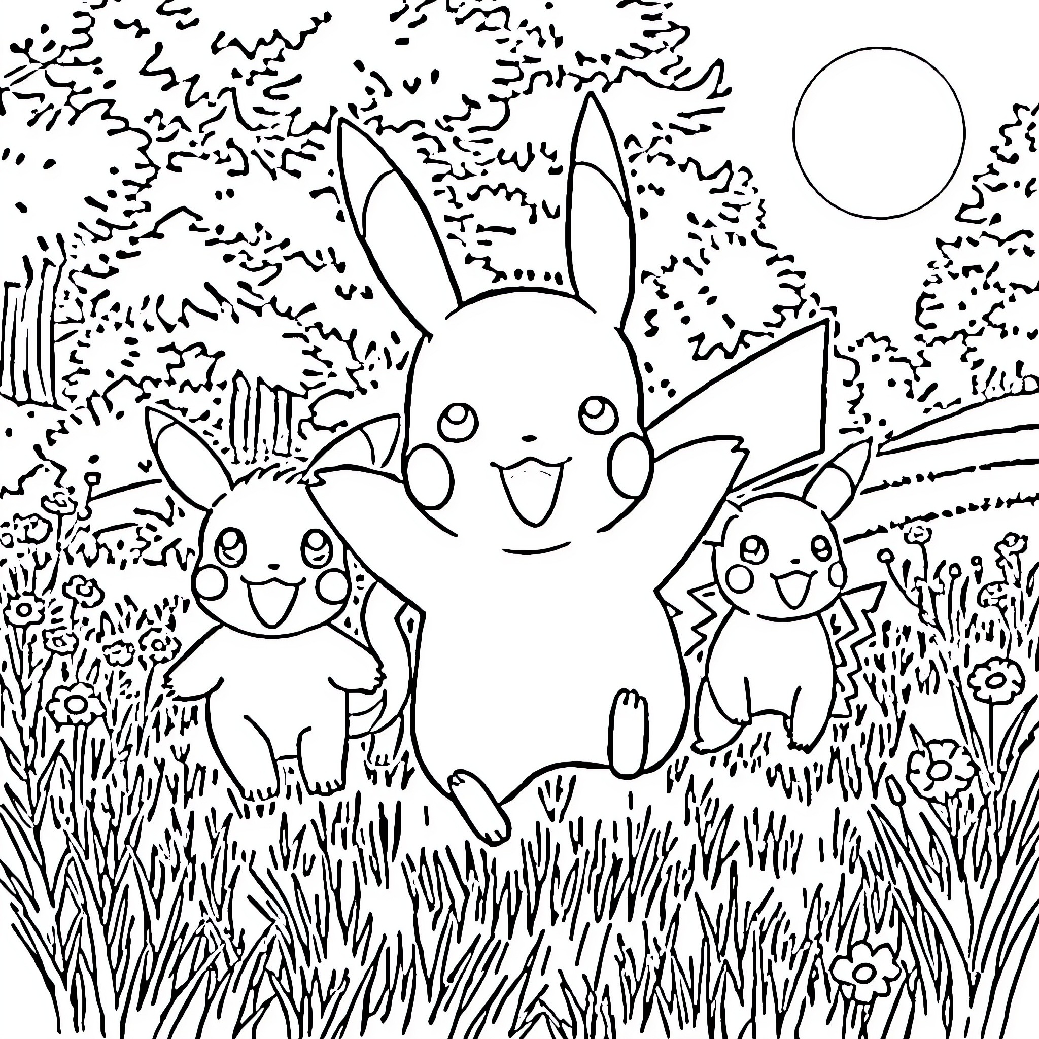 Pikachu and friends playing in the field Coloring Page (free black-and-white line drawing printable PDF for all, from beginners to advanced learners, including children, teens, adults, and seniors)