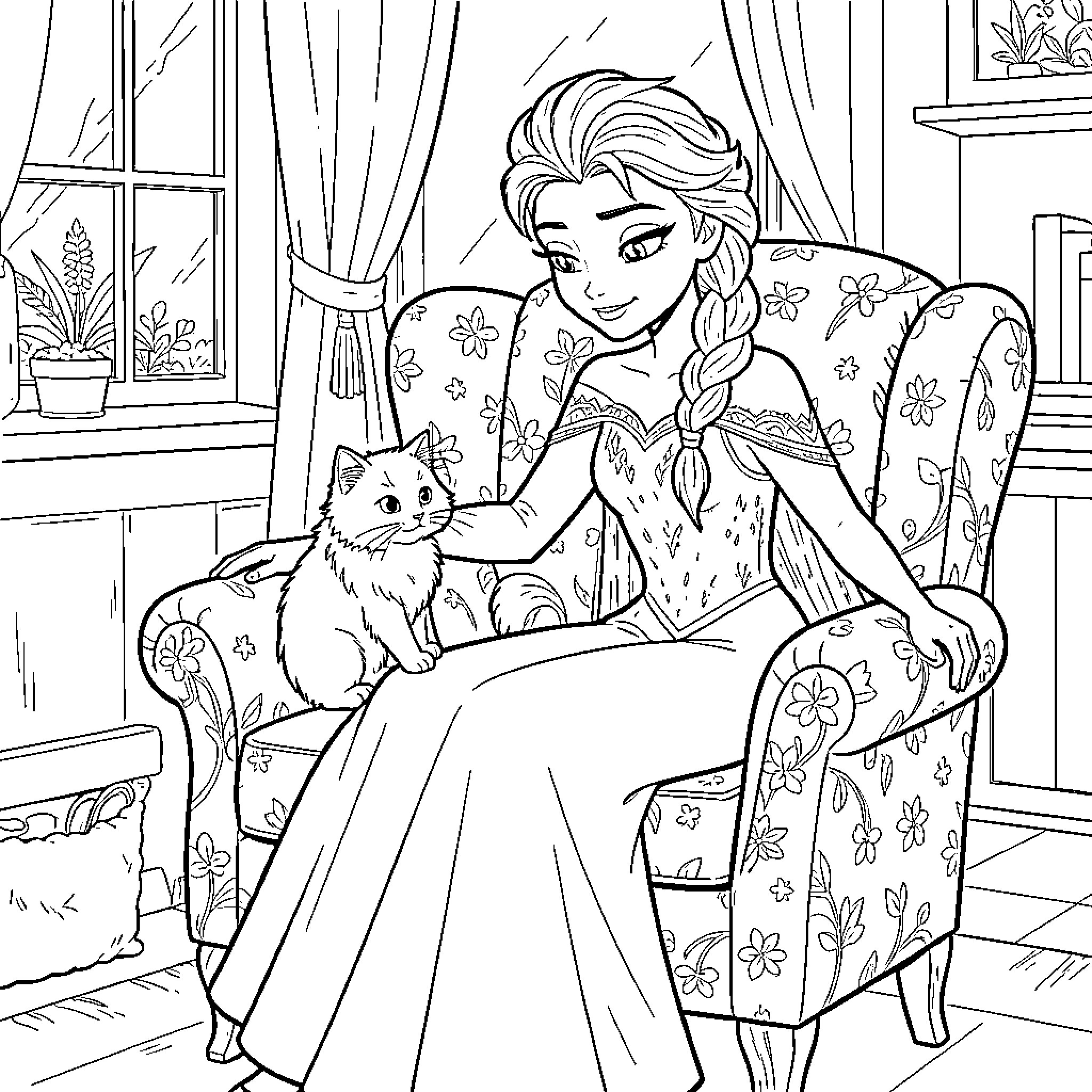 Elsa sitting in an armchair petting a small cat Coloring Page (free black-and-white line drawing printable PDF for all, from beginners to advanced learners, including children, teens, adults, and seniors)