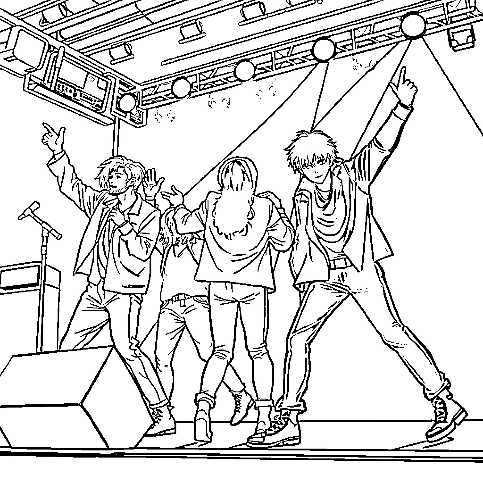 Kpop Group Performing Energetic Stage Routine Coloring Page (free black-and-white line drawing printable PDF for all, from beginners to advanced learners, including children, teens, adults, and seniors)
