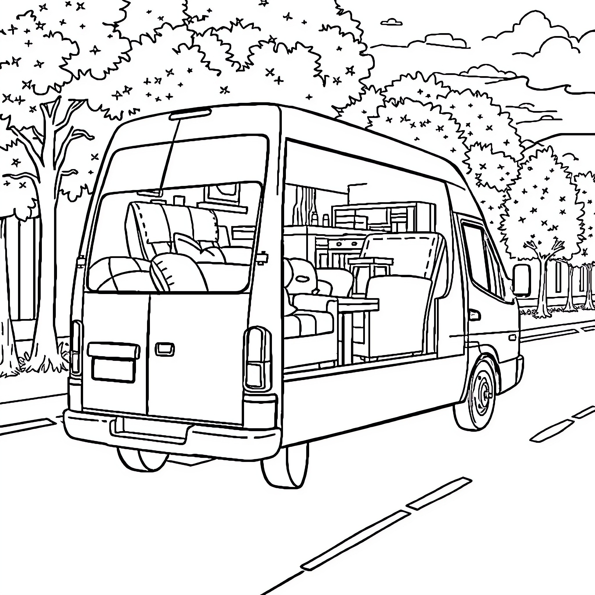 Van with furniture moving through scenic park Coloring Page (free black-and-white line drawing printable PDF for all, from beginners to advanced learners, including children, teens, adults, and seniors)