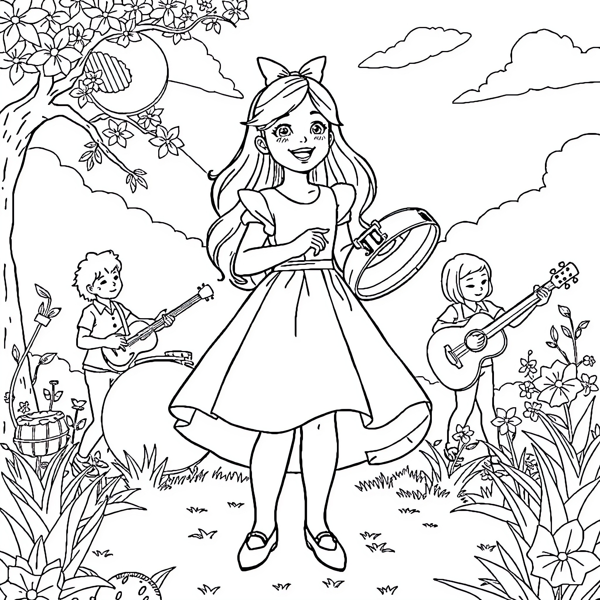 Alice's Musical Adventure in the Flowery Garden Coloring Page (free black-and-white line drawing printable PDF for all, from beginners to advanced learners, including children, teens, adults, and seniors)