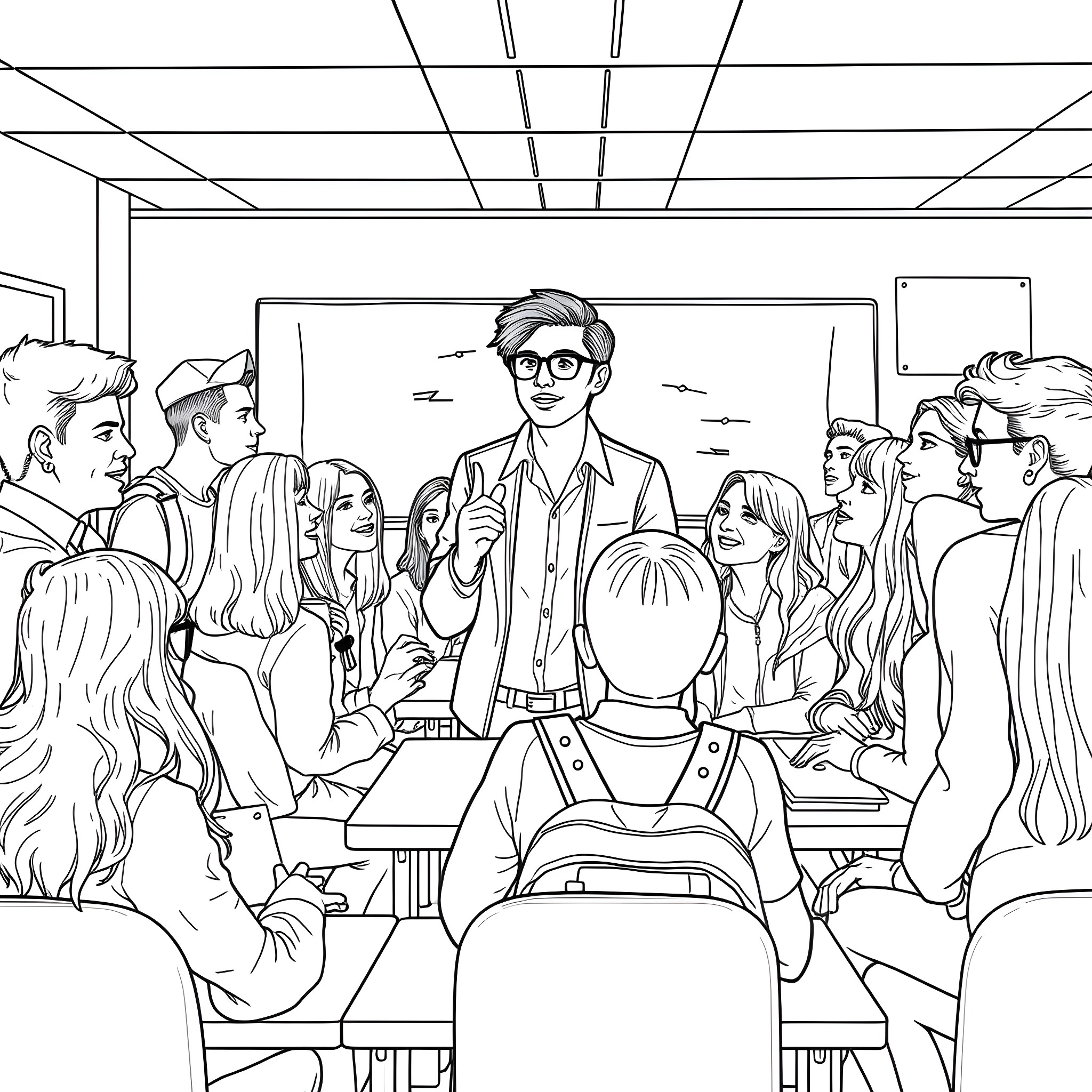 Classroom scene with students and teacher Coloring Page (free black-and-white line drawing printable PDF for all, from beginners to advanced learners, including children, teens, adults, and seniors)