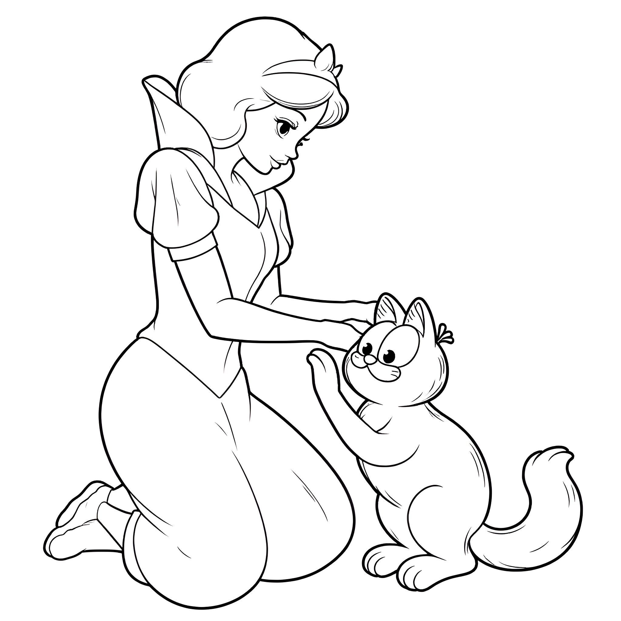 Snow White playing with a cute animal companion Coloring Page (free black-and-white line drawing printable PDF for all, from beginners to advanced learners, including children, teens, adults, and seniors)