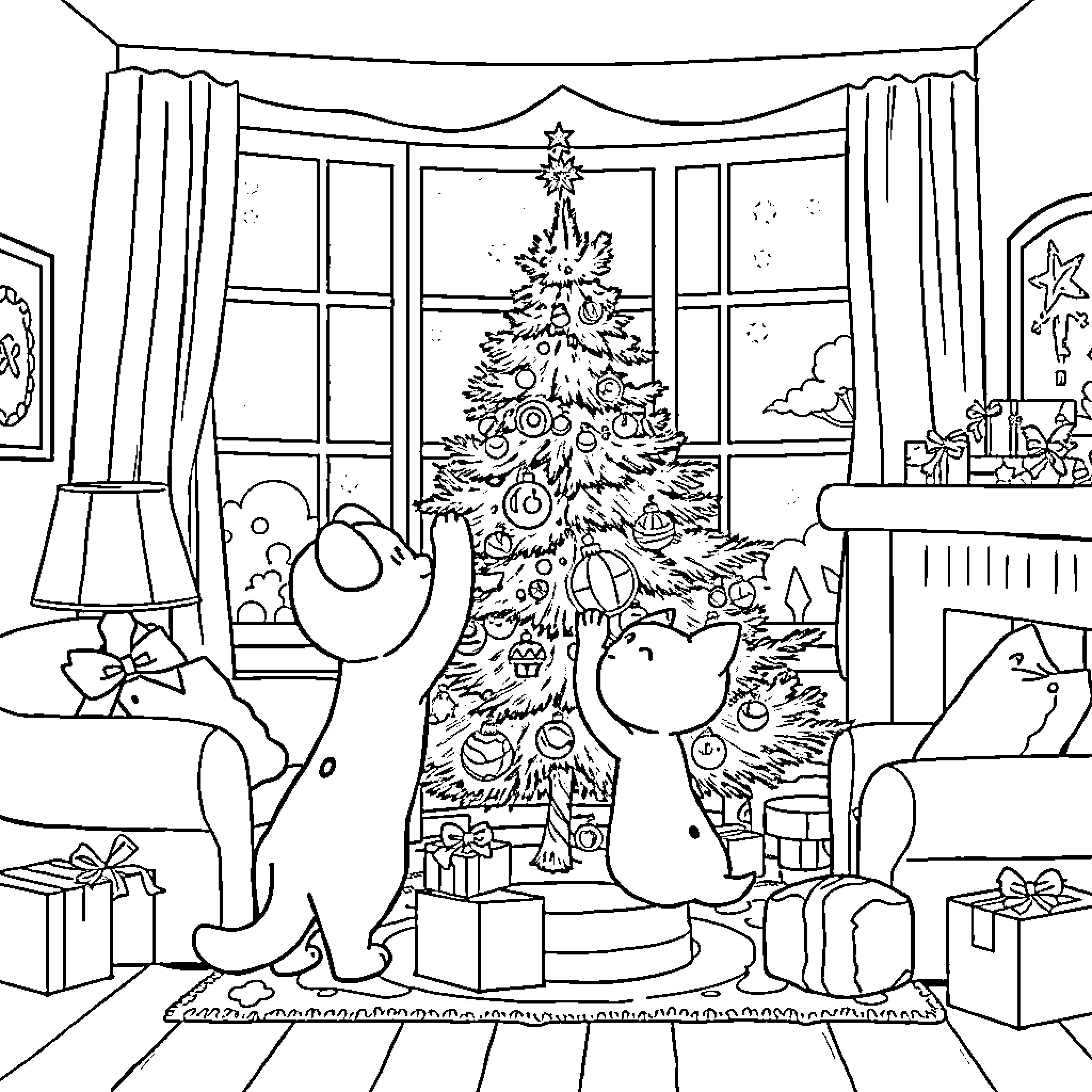 Rumi celebrates the holidays with festive decorations Coloring Page (free black-and-white line drawing printable PDF for all, from beginners to advanced learners, including children, teens, adults, and seniors)