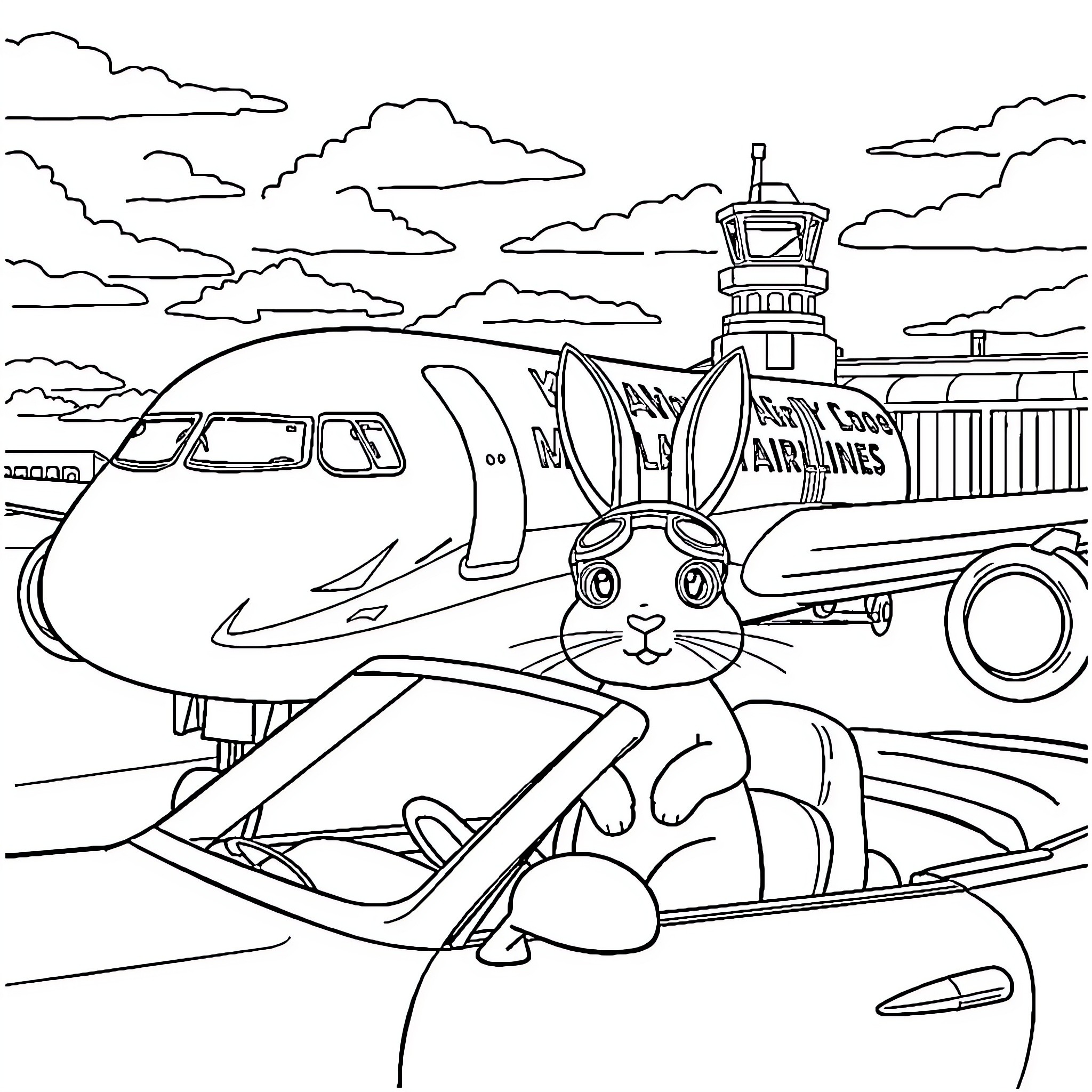 Plane with Rabbit at Airport Terminal Coloring Page (free black-and-white line drawing printable PDF for all, from beginners to advanced learners, including children, teens, adults, and seniors)