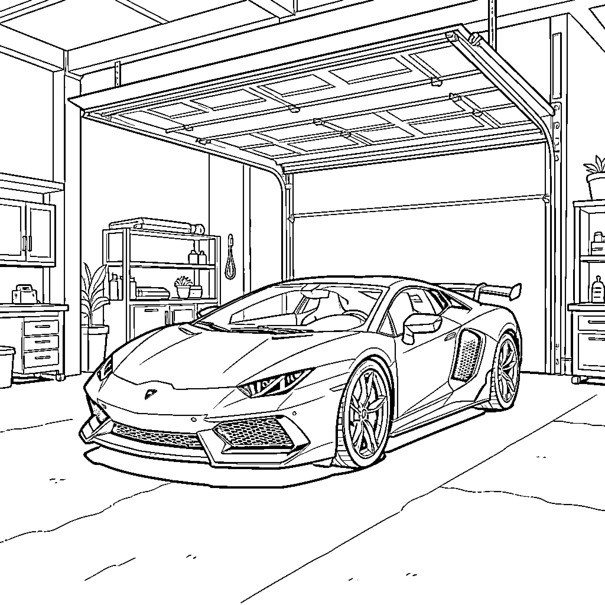 Car parked inside a modern organized garage Coloring Page (free black-and-white line drawing printable PDF for all, from beginners to advanced learners, including children, teens, adults, and seniors)
