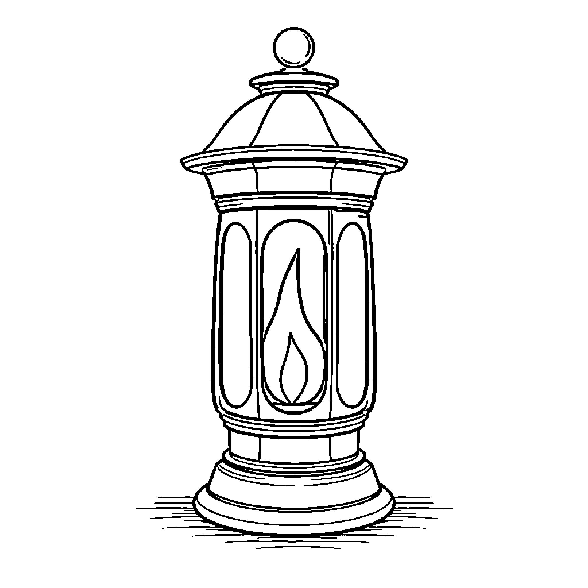 Lantern with ornate design and open flame Coloring Page (free black-and-white line drawing printable PDF for all, from beginners to advanced learners, including children, teens, adults, and seniors)