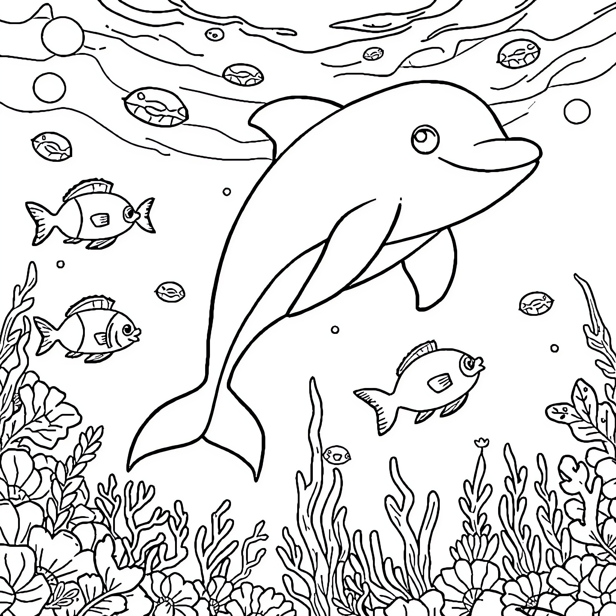 Dolphin swimming playfully in the underwater scene Coloring Page (free black-and-white line drawing printable PDF for all, from beginners to advanced learners, including children, teens, adults, and seniors)