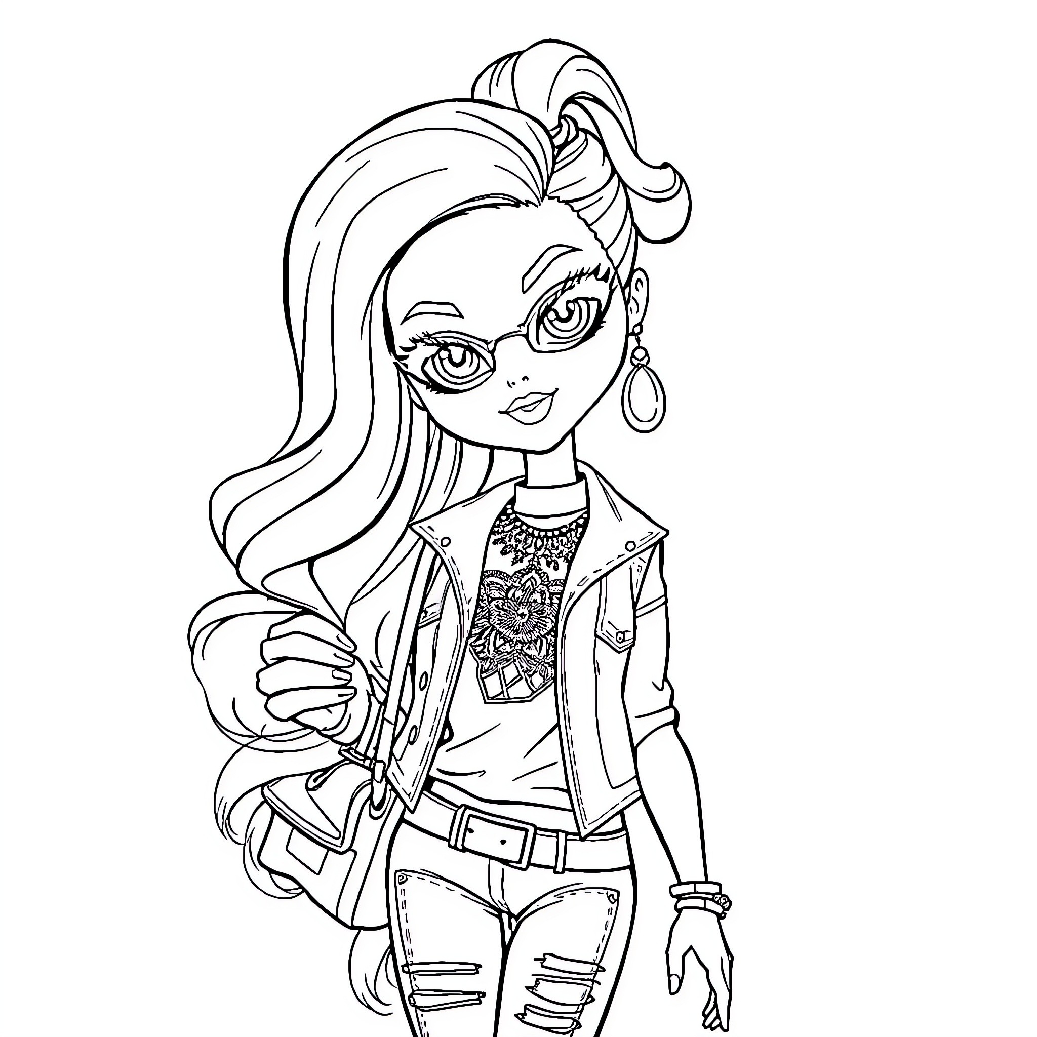 Bratz Jade's Stylish Casual Outfit Coloring Page (free black-and-white line drawing printable PDF for all, from beginners to advanced learners, including children, teens, adults, and seniors)