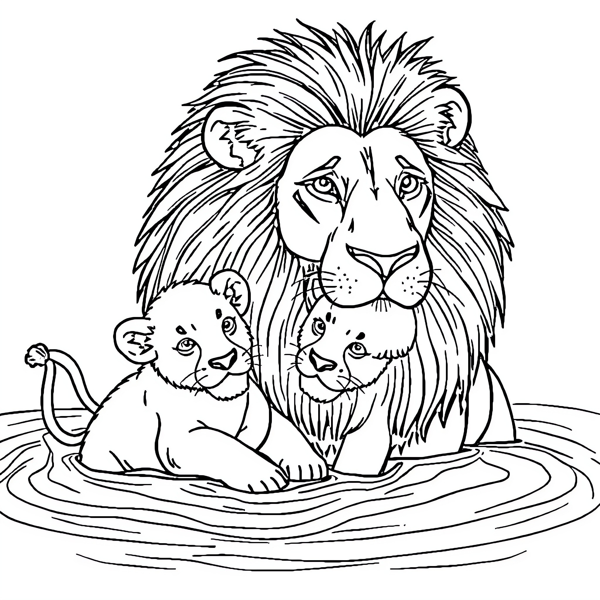 Lion family in the water Coloring Page (free black-and-white line drawing printable PDF for all, from beginners to advanced learners, including children, teens, adults, and seniors)