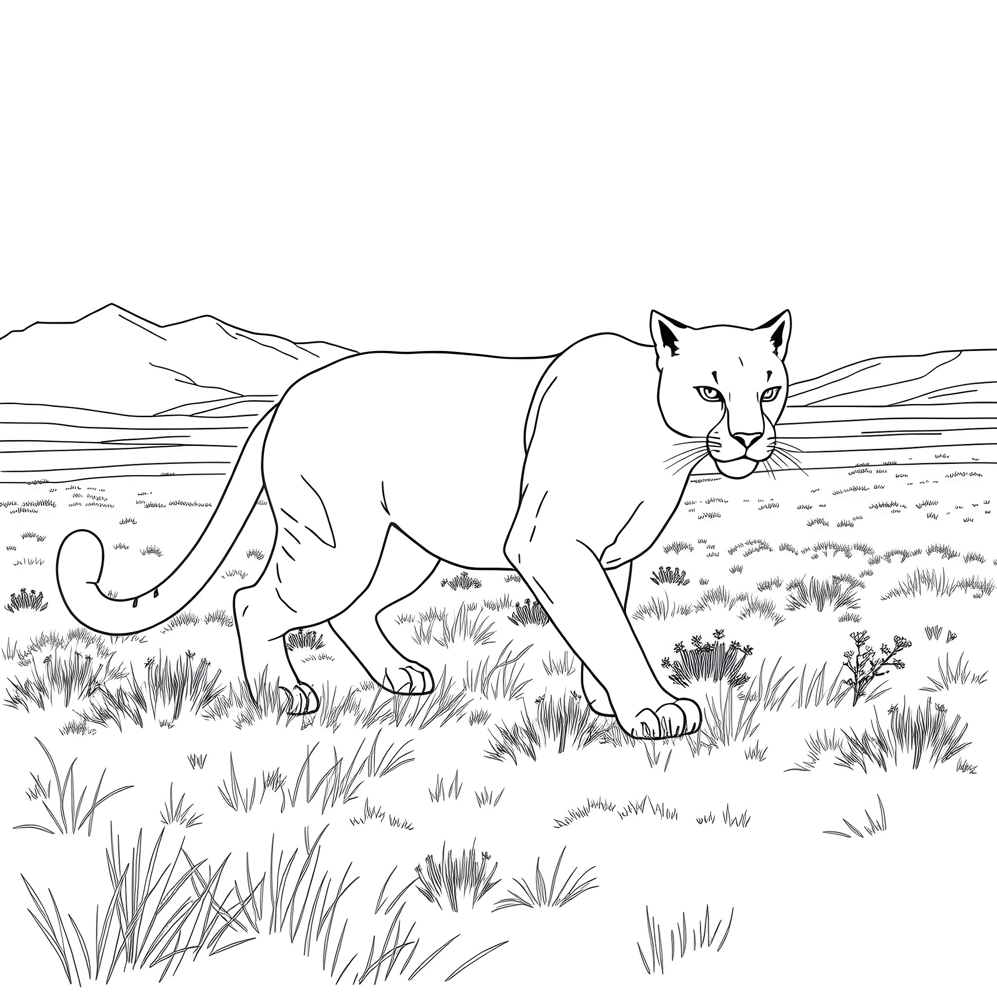 Cougar stalking in the wilderness Coloring Page (free black-and-white line drawing printable PDF for all, from beginners to advanced learners, including children, teens, adults, and seniors)