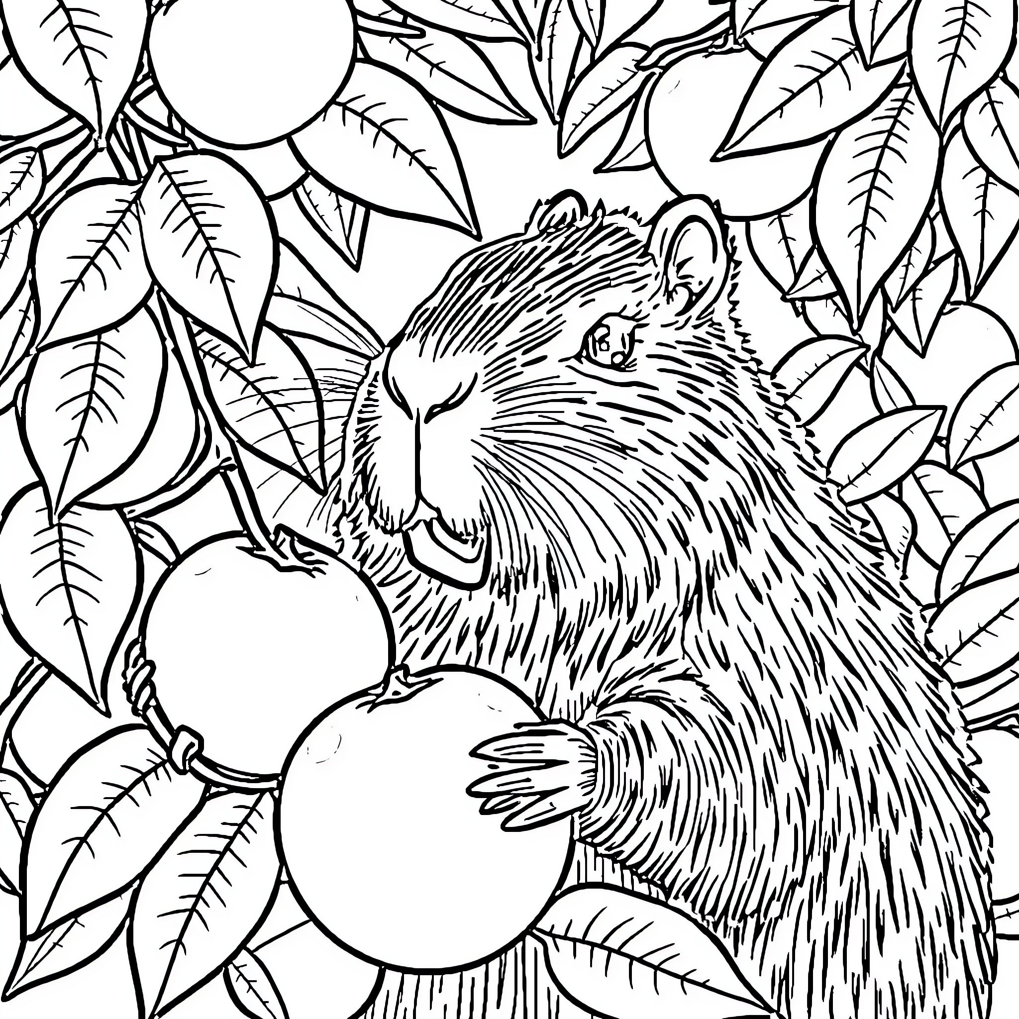 Capybara enjoying lush foliage and fruit Coloring Page (free black-and-white line drawing printable PDF for all, from beginners to advanced learners, including children, teens, adults, and seniors)