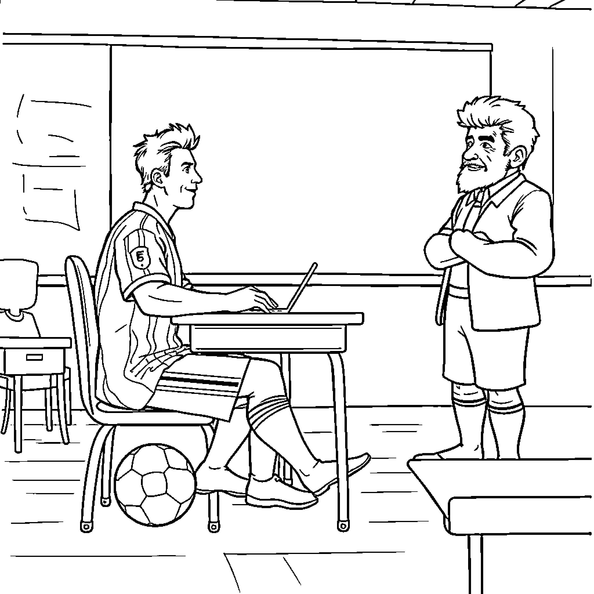 Messi meets with coach in classroom Coloring Page (free black-and-white line drawing printable PDF for all, from beginners to advanced learners, including children, teens, adults, and seniors)