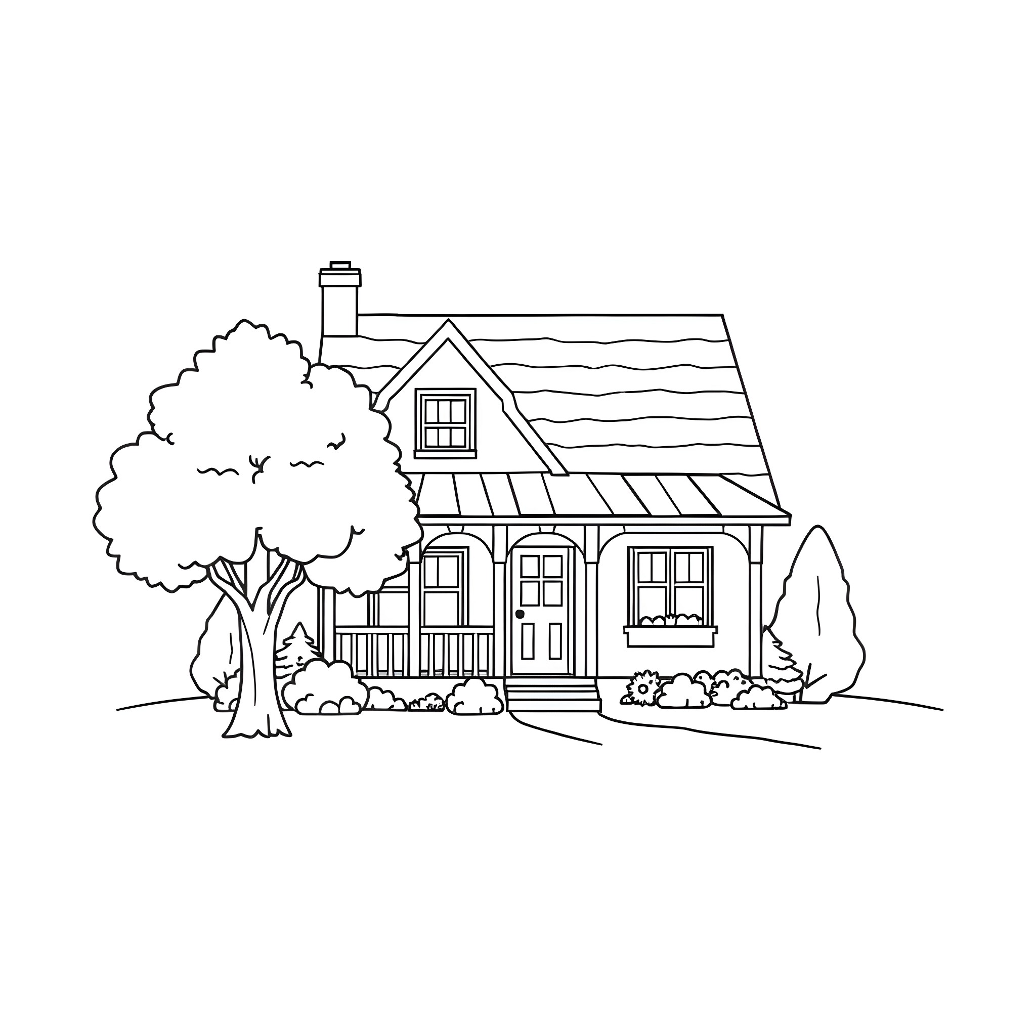 House with a cozy cottage design Coloring Page (free black-and-white line drawing printable PDF for all, from beginners to advanced learners, including children, teens, adults, and seniors)