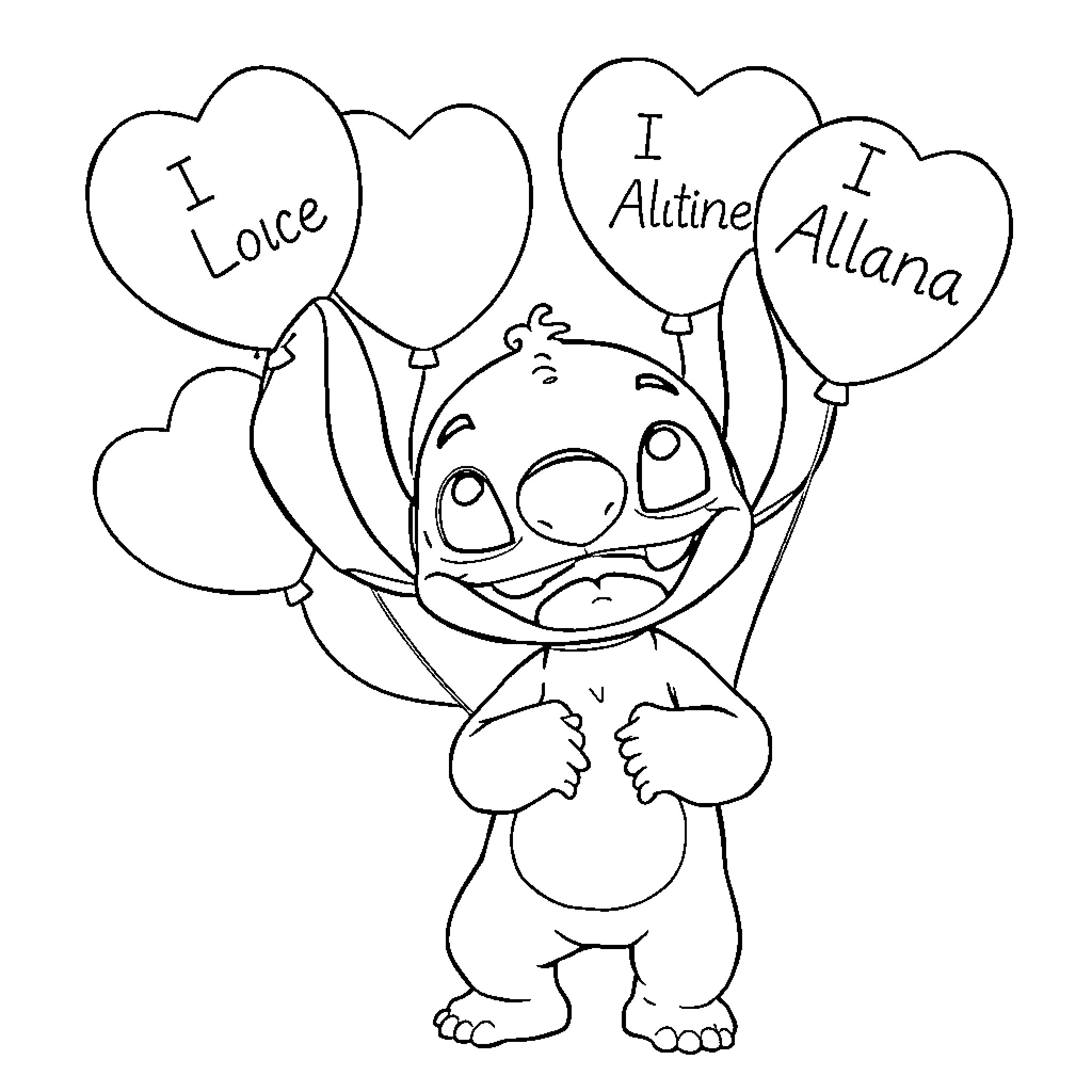 Stitch Holding Heart-Shaped Balloons Coloring Page (free black-and-white line drawing printable PDF for all, from beginners to advanced learners, including children, teens, adults, and seniors)