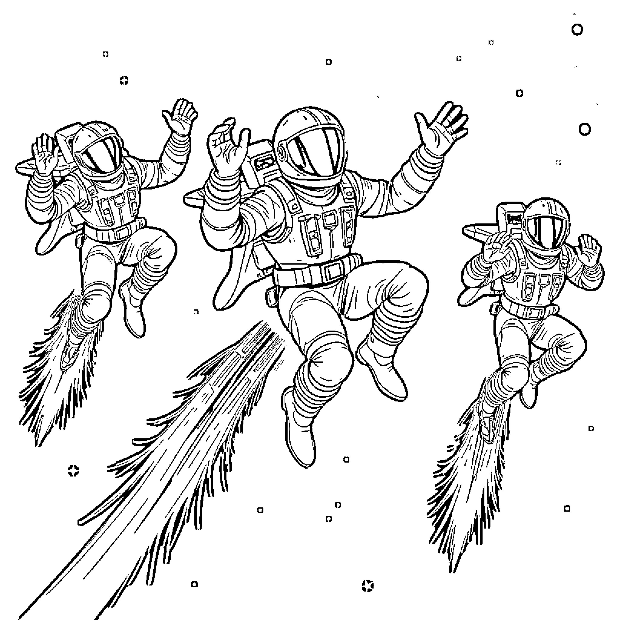Space Rangers Soaring Through the Cosmos Coloring Page (free black-and-white line drawing printable PDF for all, from beginners to advanced learners, including children, teens, adults, and seniors)