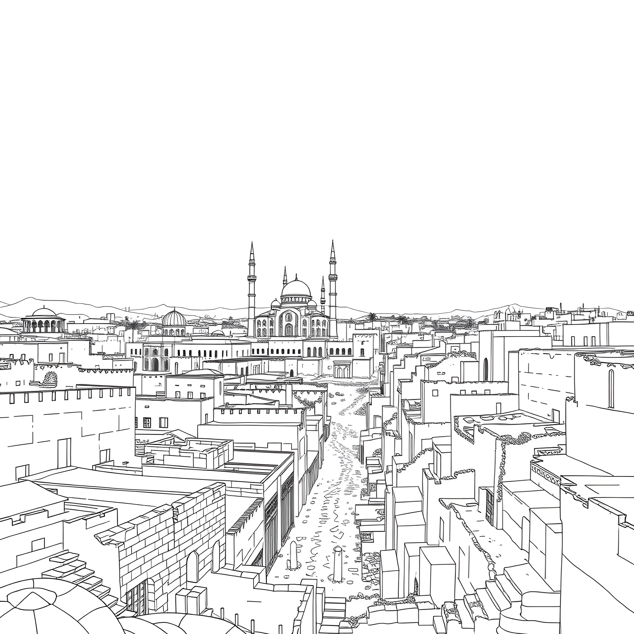 Samarra cityscape with mosques and buildings Coloring Page (free black-and-white line drawing printable PDF for all, from beginners to advanced learners, including children, teens, adults, and seniors)
