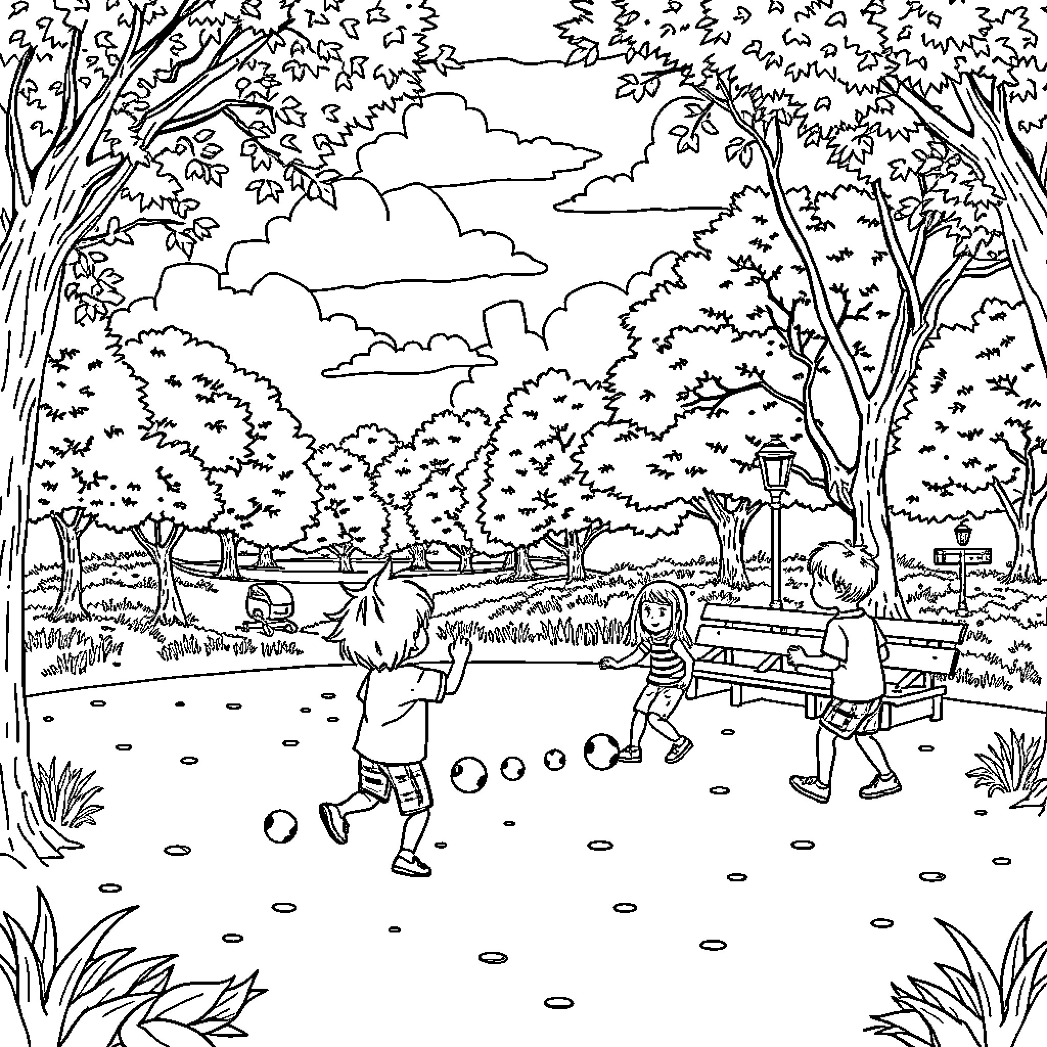 Game of outdoor play in the park Coloring Page (free black-and-white line drawing printable PDF for all, from beginners to advanced learners, including children, teens, adults, and seniors)