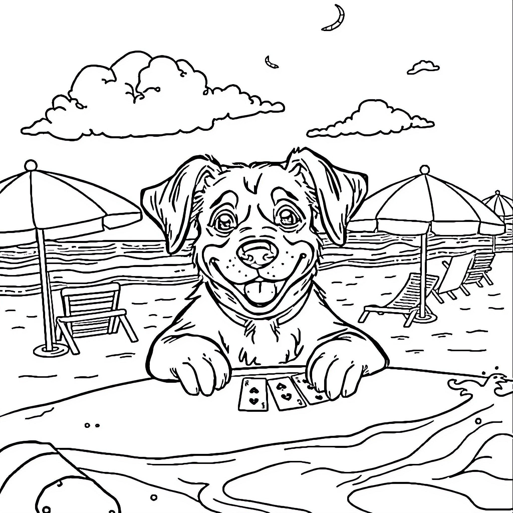 Dog enjoying a day at the beach Coloring Page (free black-and-white line drawing printable PDF for all, from beginners to advanced learners, including children, teens, adults, and seniors)