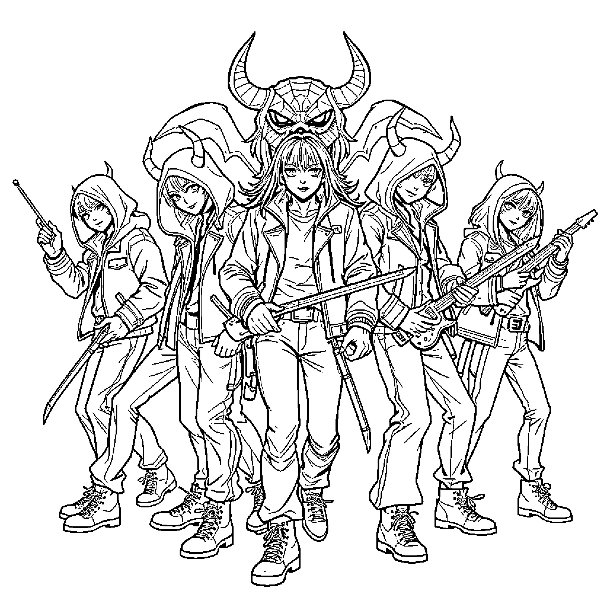 Demon Hunter Squad Displaying Fierce Expressions and Weapons Coloring Page (free black-and-white line drawing printable PDF for all, from beginners to advanced learners, including children, teens, adults, and seniors)