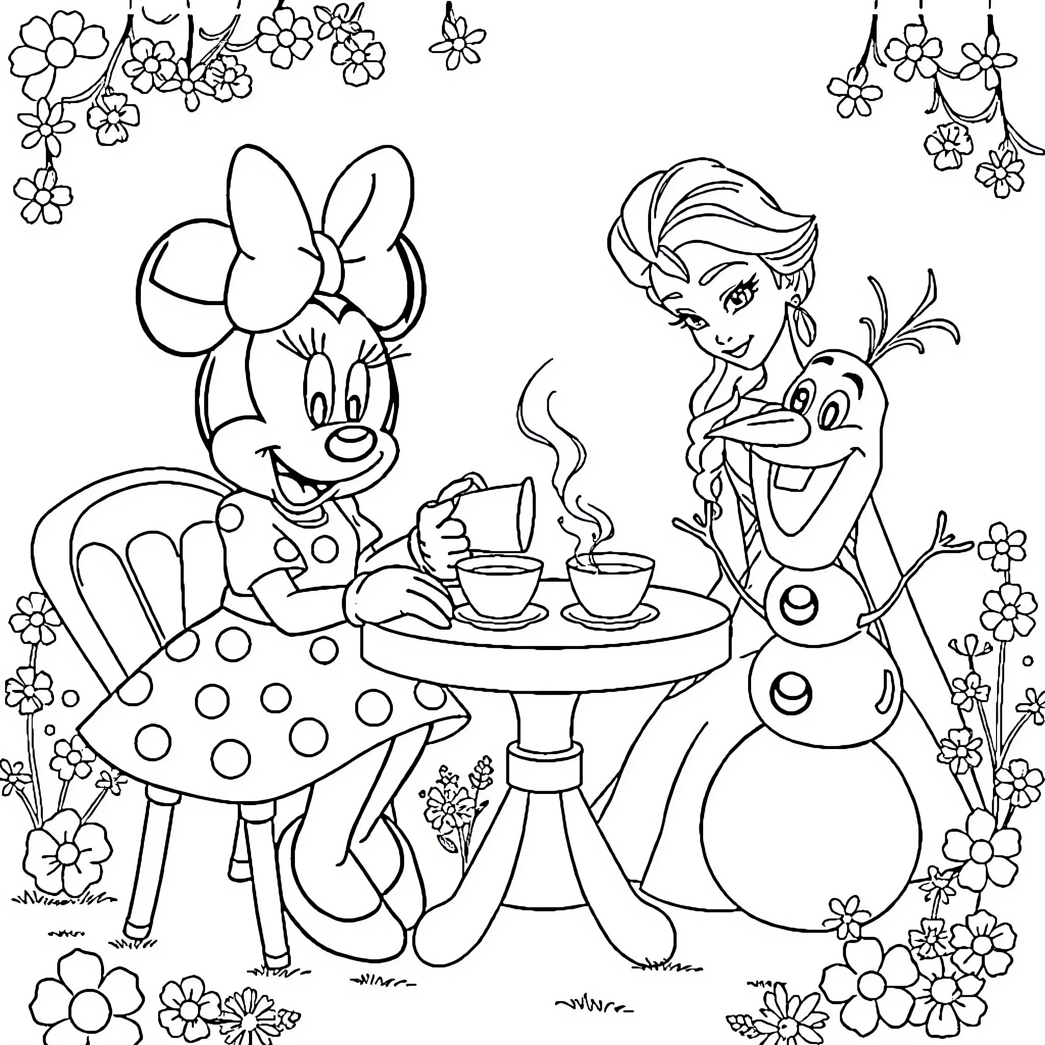 Minnie Mouse and Elsa Enjoying Tea Time Together Coloring Page (free black-and-white line drawing printable PDF for all, from beginners to advanced learners, including children, teens, adults, and seniors)