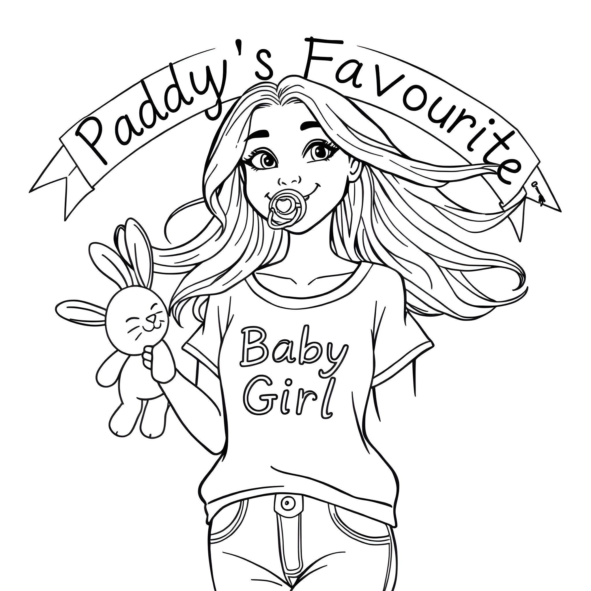 Woman holding a stuffed rabbit, with 'Daddy's Favourite Baby Girl' text Coloring Page (free black-and-white line drawing printable PDF for all, from beginners to advanced learners, including children, teens, adults, and seniors)