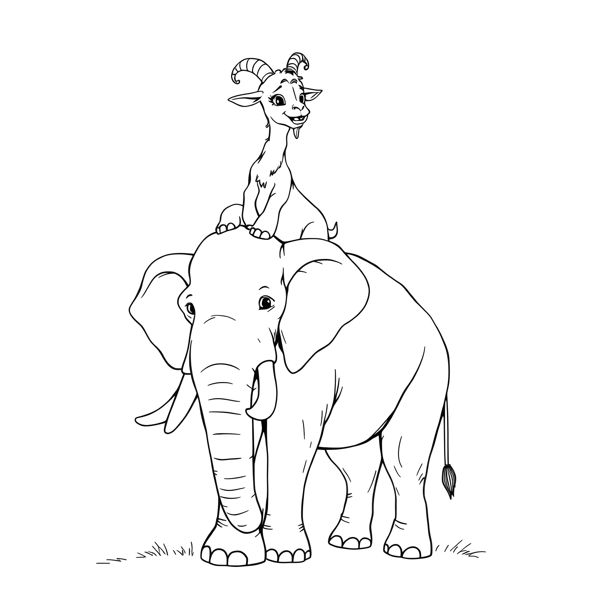 Goat riding on top of an elephant Coloring Page (free black-and-white line drawing printable PDF for all, from beginners to advanced learners, including children, teens, adults, and seniors)
