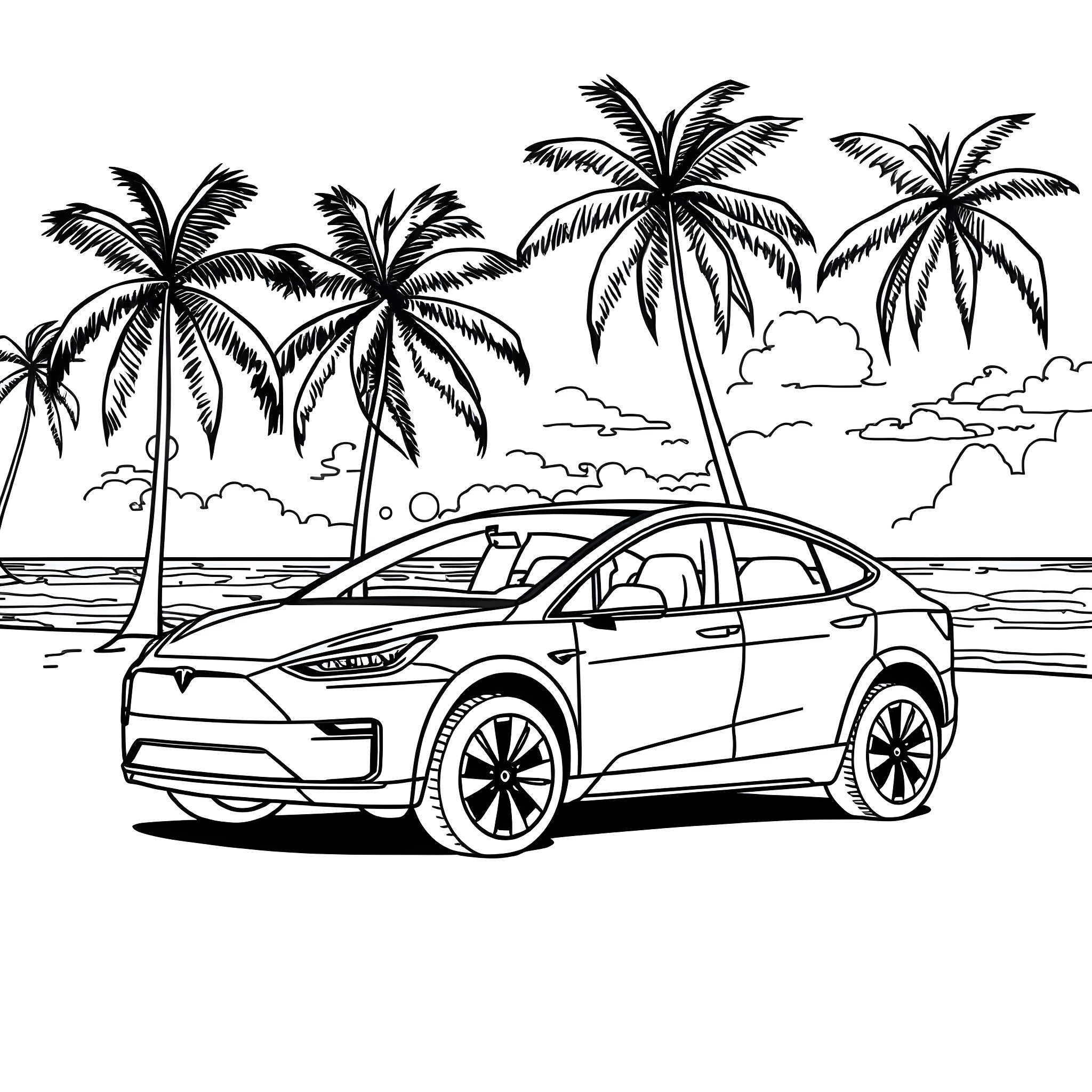 Tesla electric vehicle on a tropical beach Coloring Page (free black-and-white line drawing printable PDF for all, from beginners to advanced learners, including children, teens, adults, and seniors)