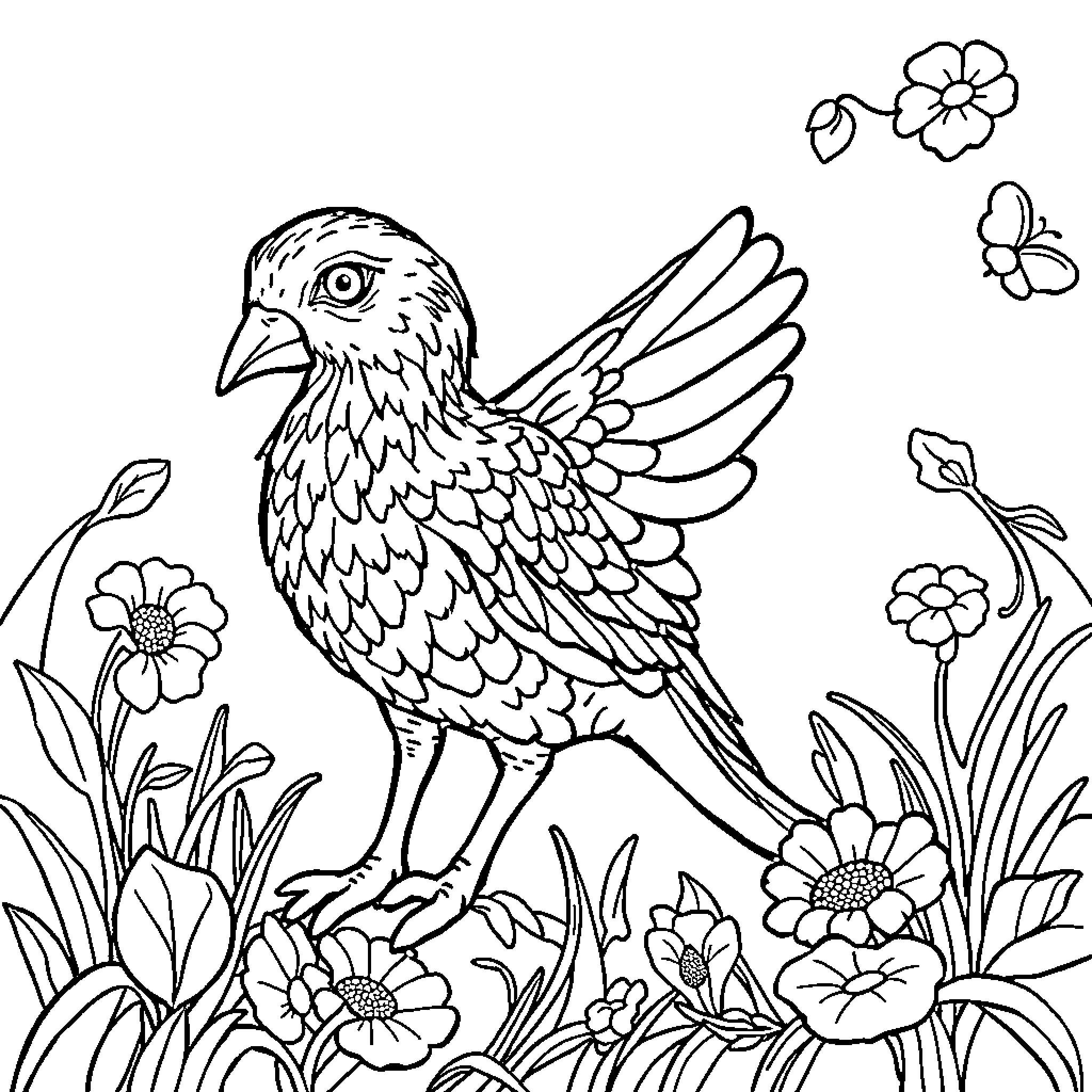 Color By Number Bird Perched in Floral Garden Coloring Page (free black-and-white line drawing printable PDF for all, from beginners to advanced learners, including children, teens, adults, and seniors)