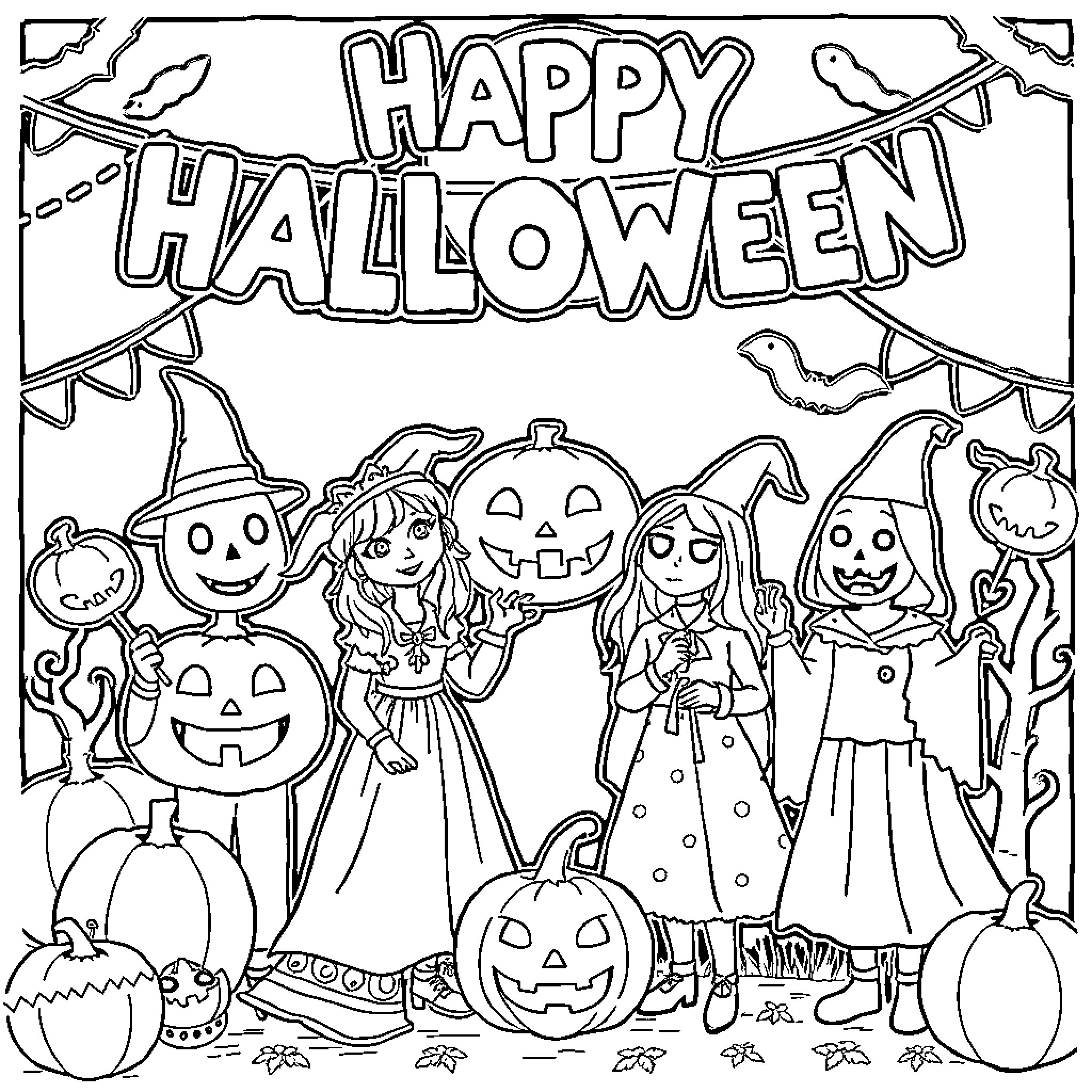 Halloween costumes, pumpkins, and decorations Coloring Page (free black-and-white line drawing printable PDF for all, from beginners to advanced learners, including children, teens, adults, and seniors)